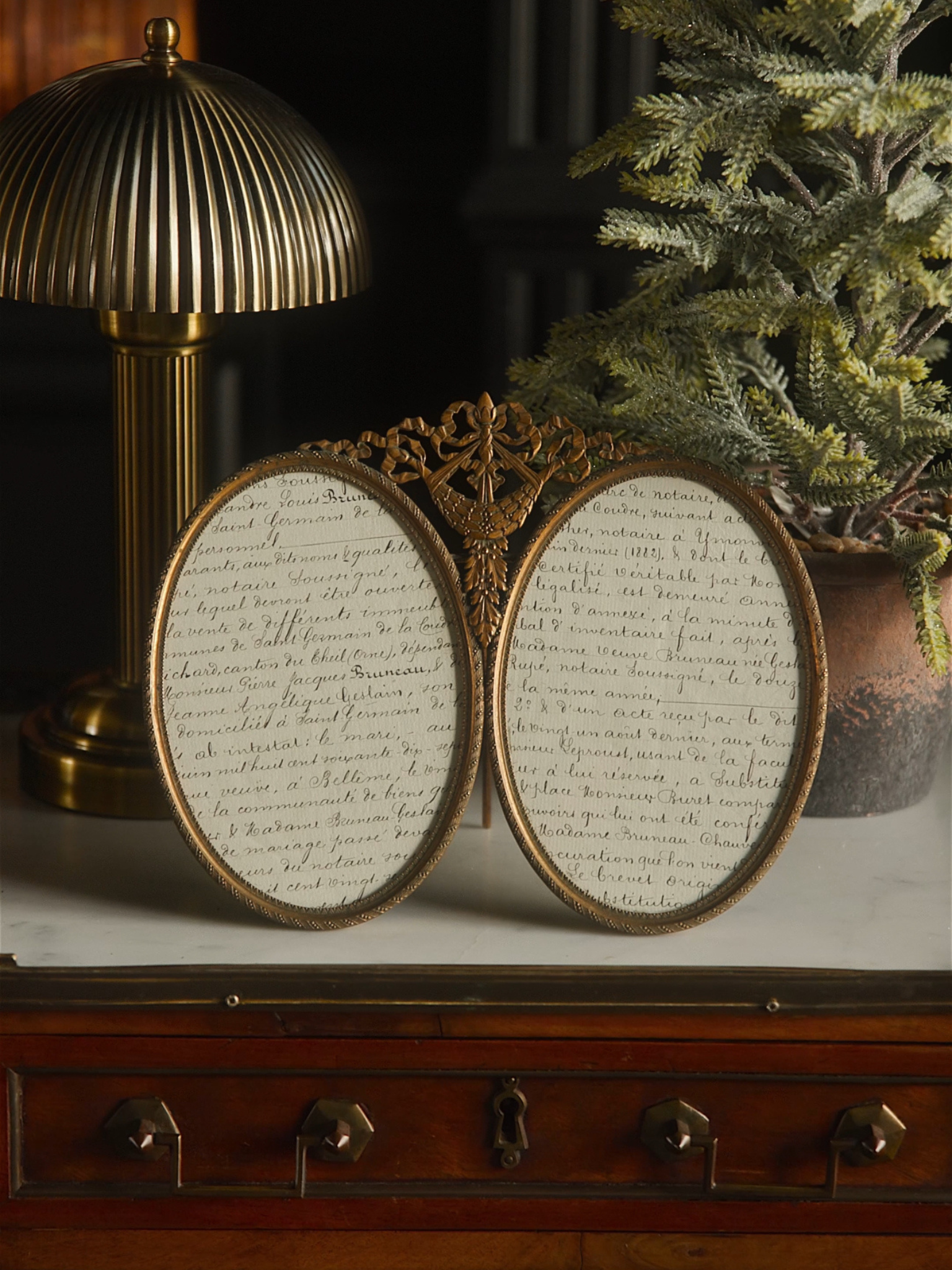 Antique French Double Oval Frame with Original Script Inserts