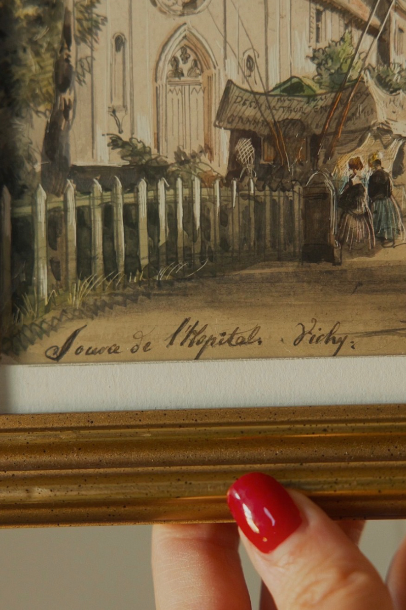 “Vichy & Cusset, 1855” — Set of Three French Spa-Town Views Bearing the Signature of Louis Moullin, with Thermal Architecture, Garden Promenades & Period Figures, in Matching Gold-Finished Frames