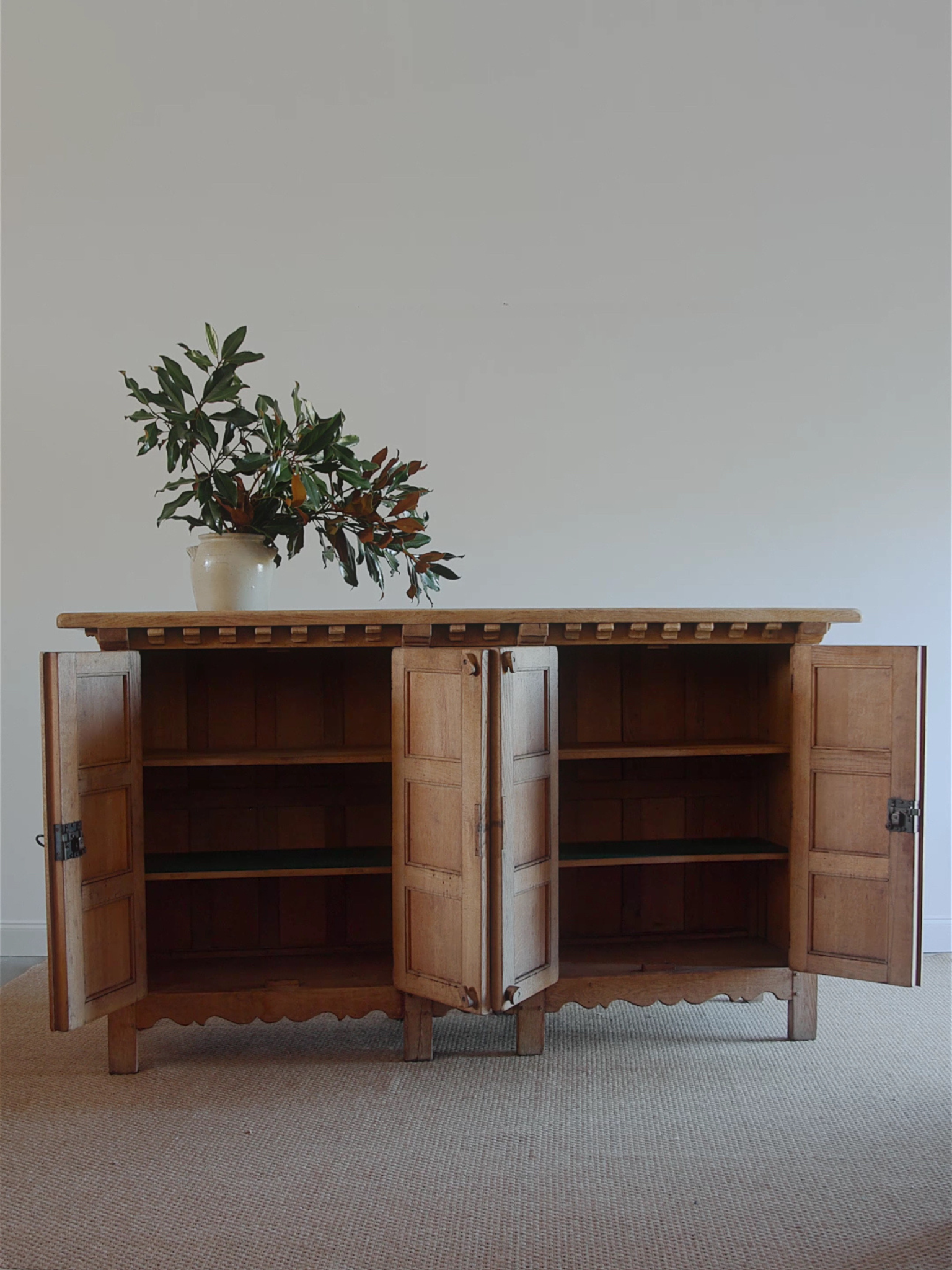 Spanish Renaissance Revival Carved Oak Sideboard with Original Key