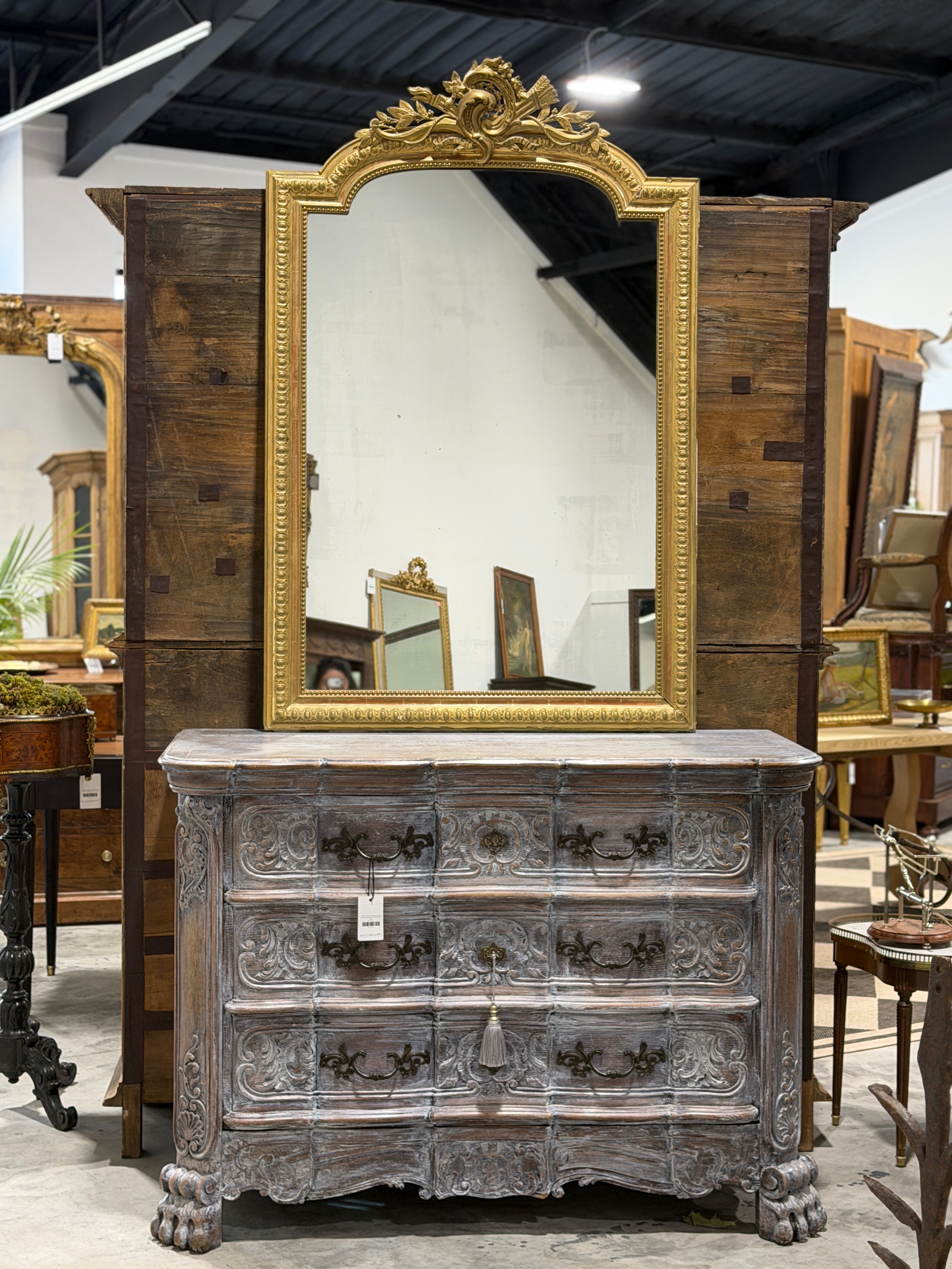 Monumental French Louis XVI Style Giltwood Mirror with Ribbon Crest