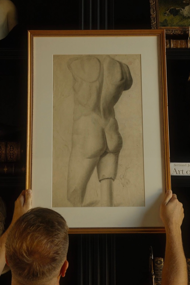 19th C. Academic Figure Study of Classical Torso Charcoal & Chalk on Paper