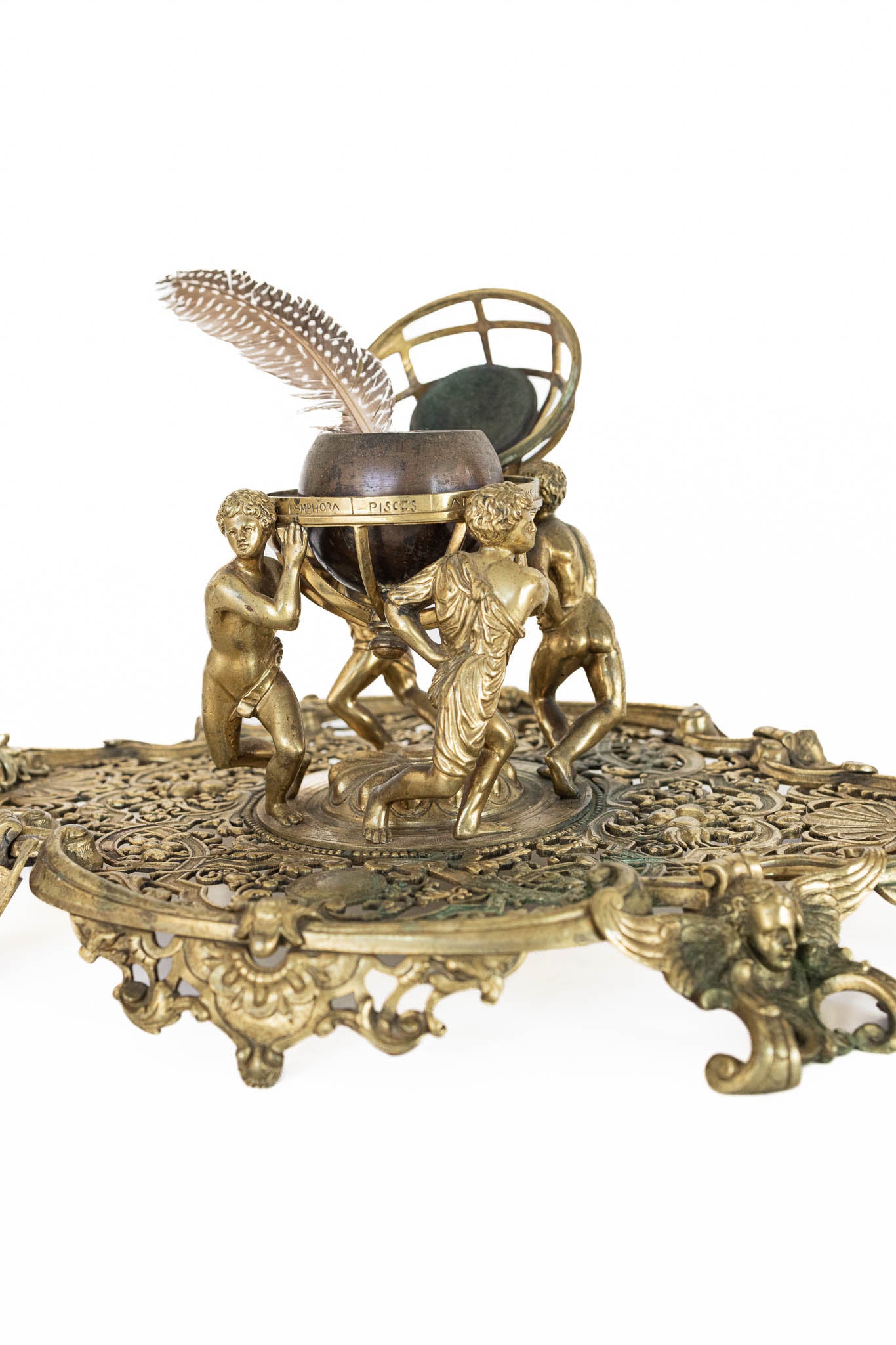 19th Century Gilded Globe Inkwell with Dual Candle Holders