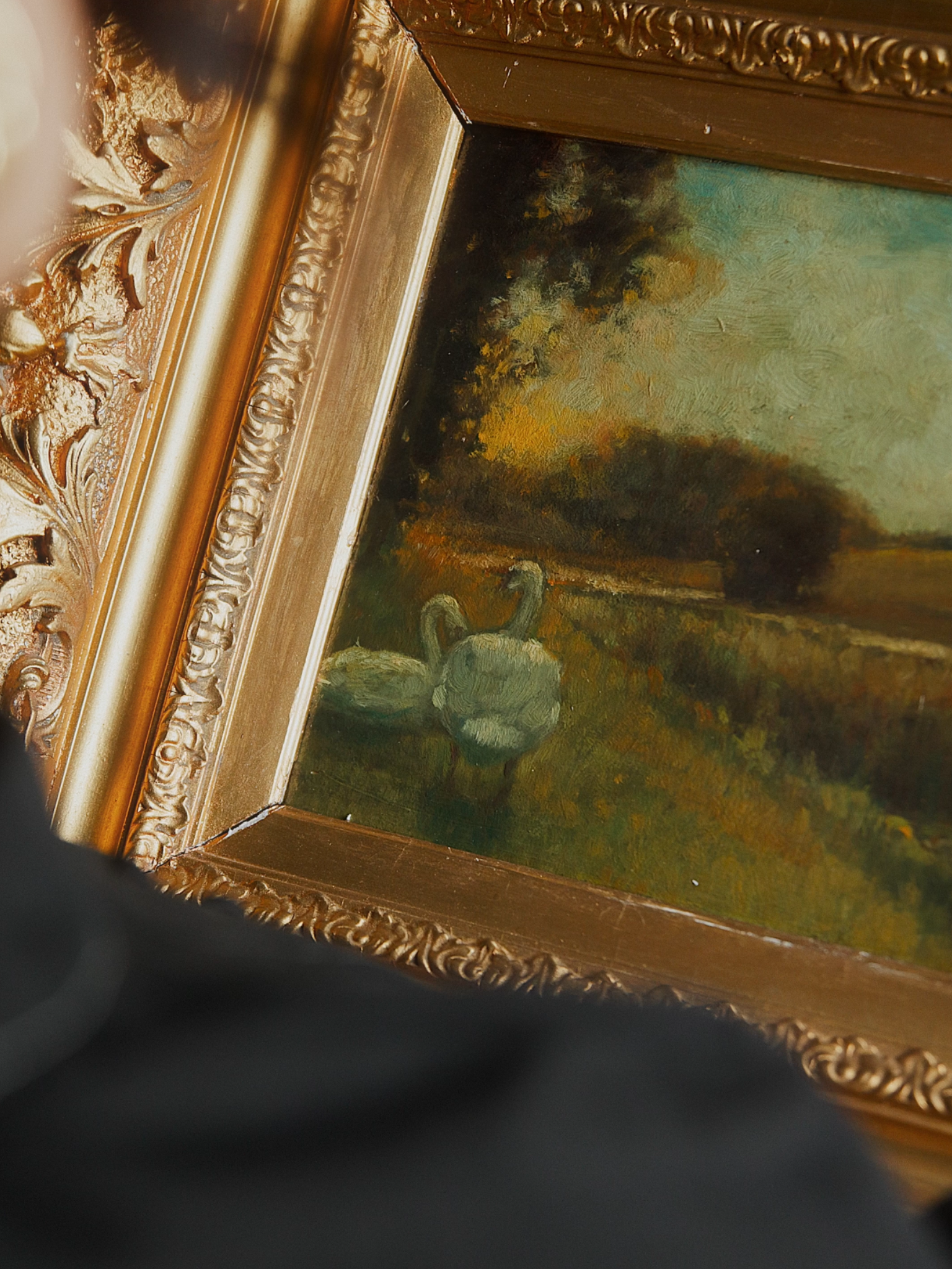 19th Century French Gilded Landscape Painting - Swan by the Waters Edge