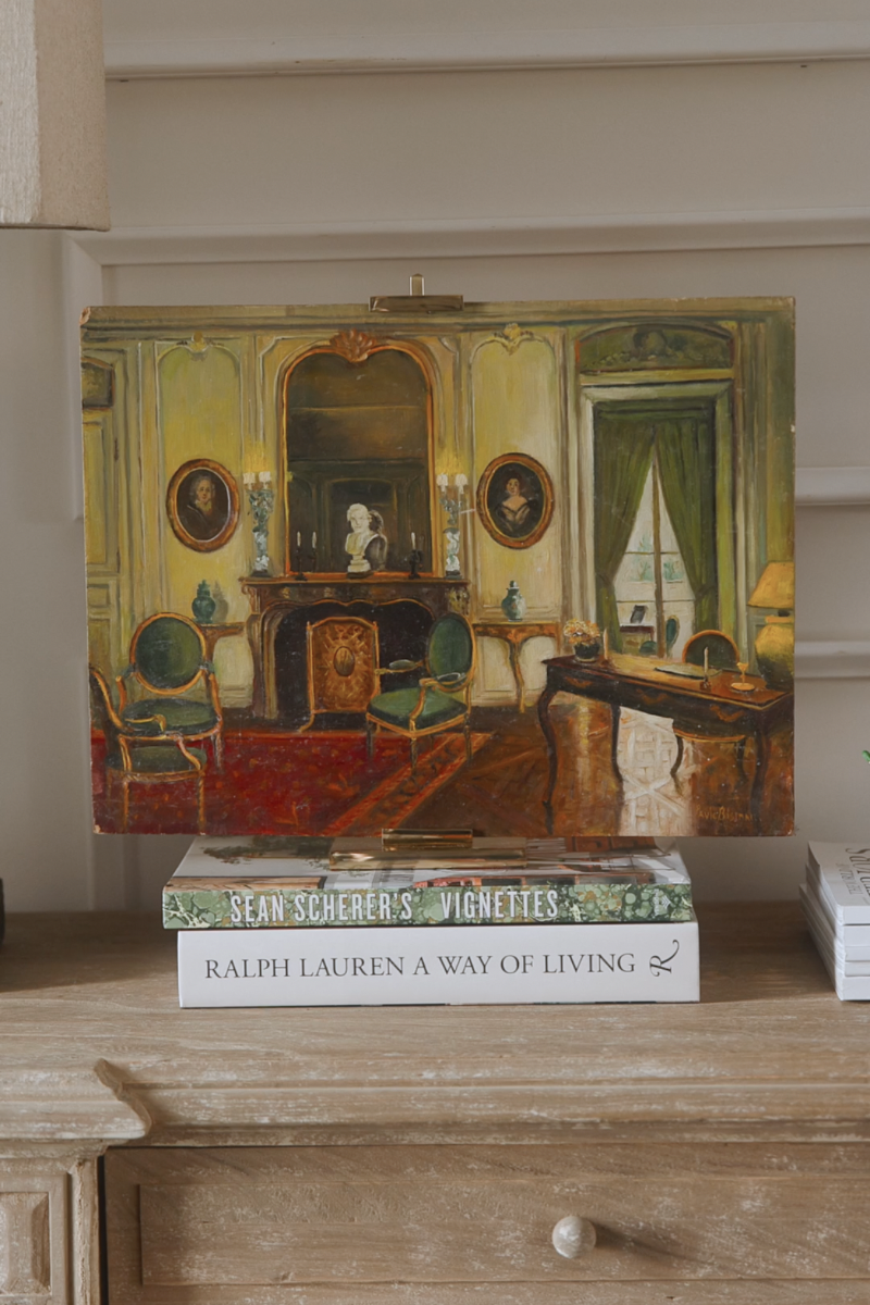 French Salon Interior Painting on Wood Panel