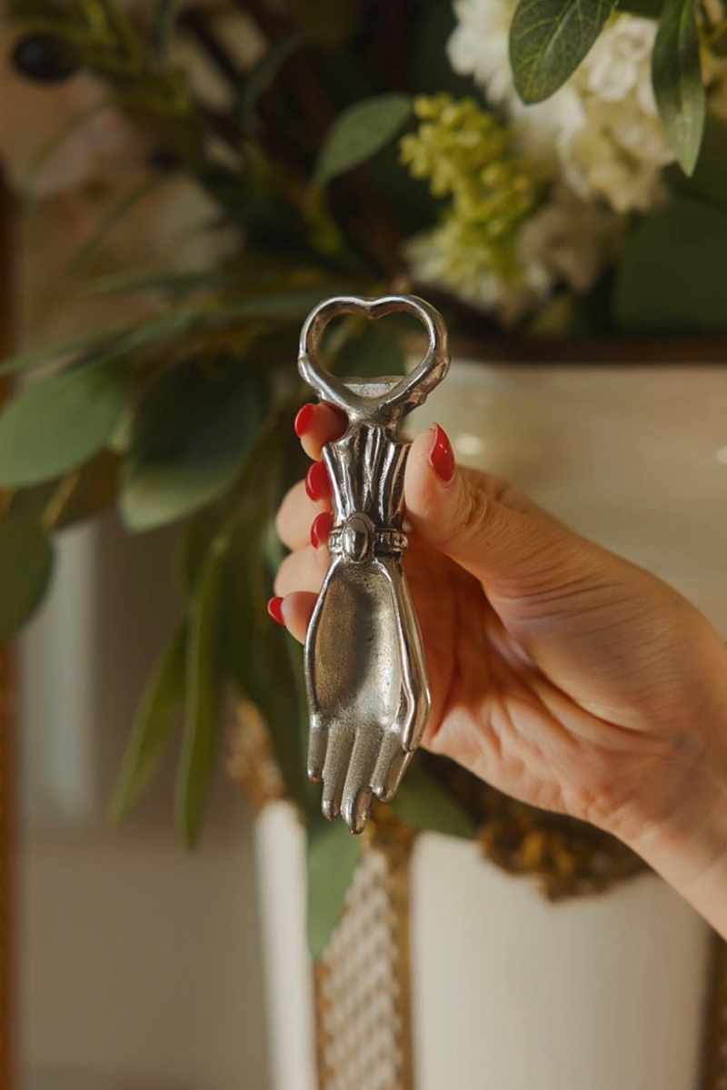 Silver-Plated Figural Hand Bottle Opener with Sculpted Bracelet & Flared Pleated Cuff
