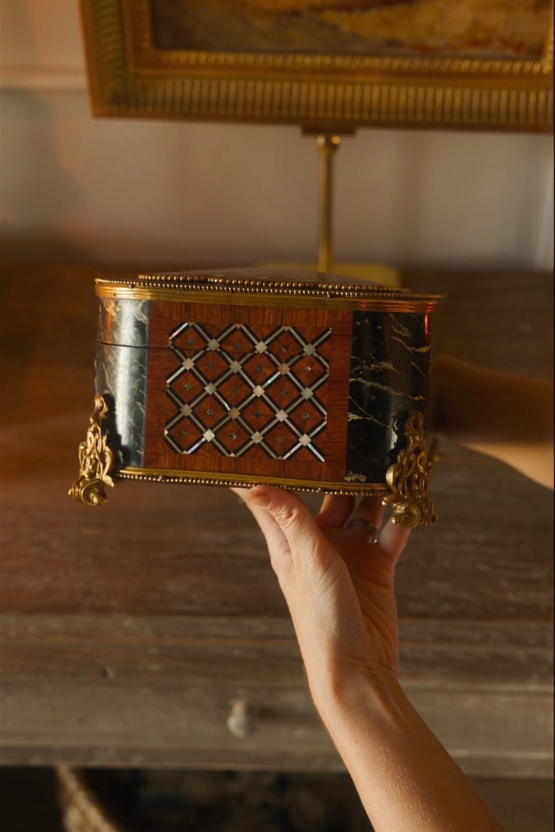 19th C. French Napoleon III Marquetry & Ebonized Jewelry Casket With Tufted Blue Silk Interior- 1870