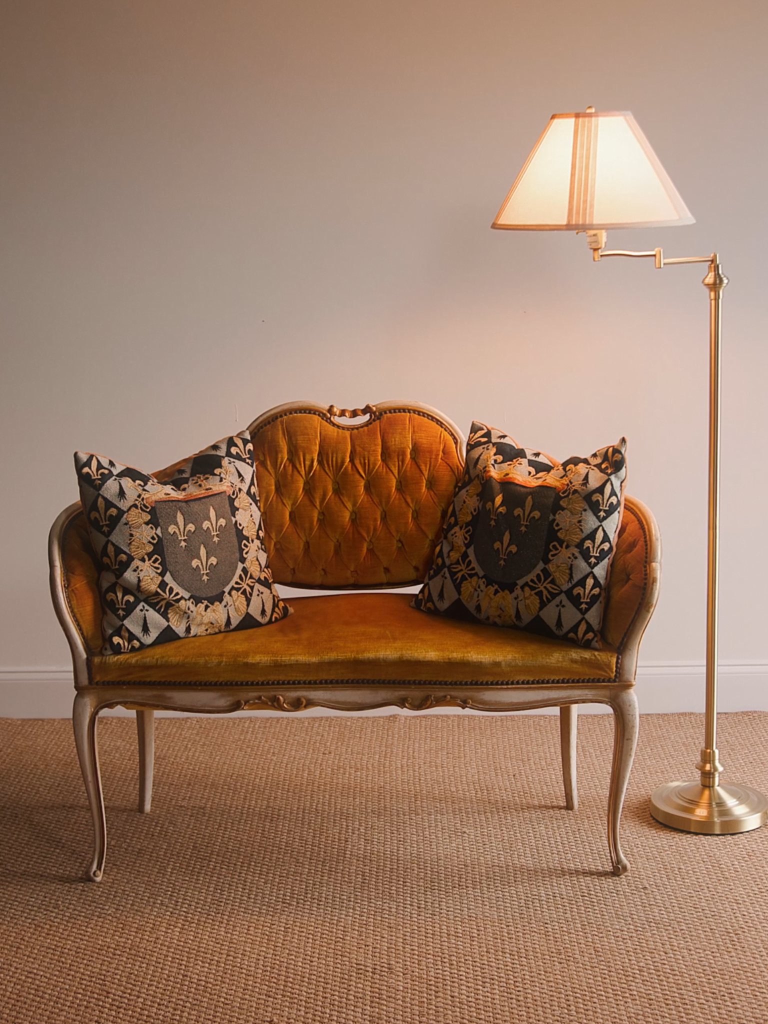 Petite French Settee in Golden Velvet