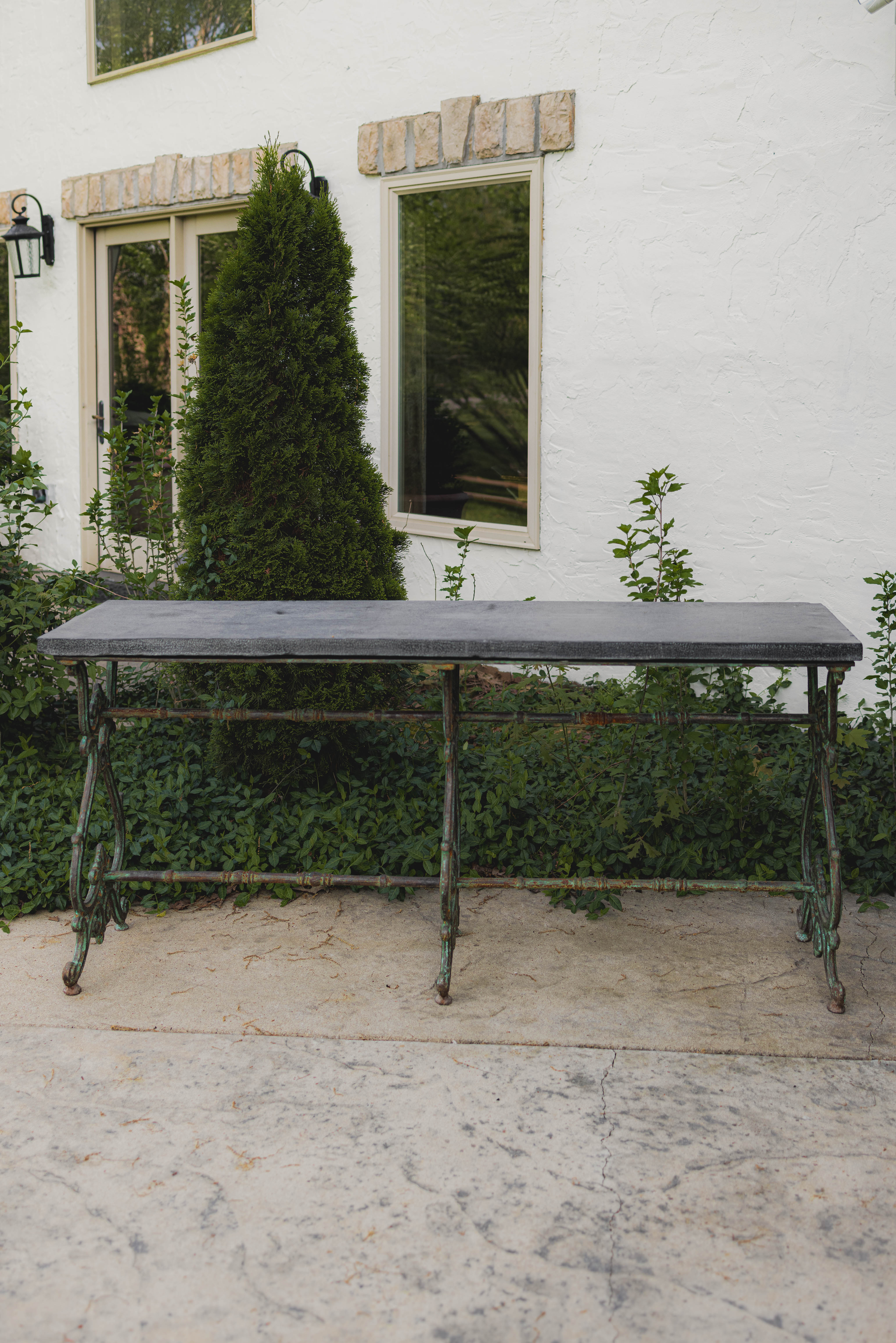 Antique Wrought Iron French Outdoor Console with Blue Stone Top