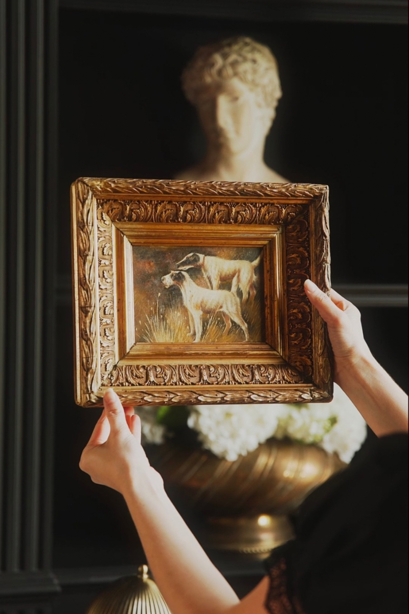 English Sporting Dog Portrait in Ornate Gilt Frame