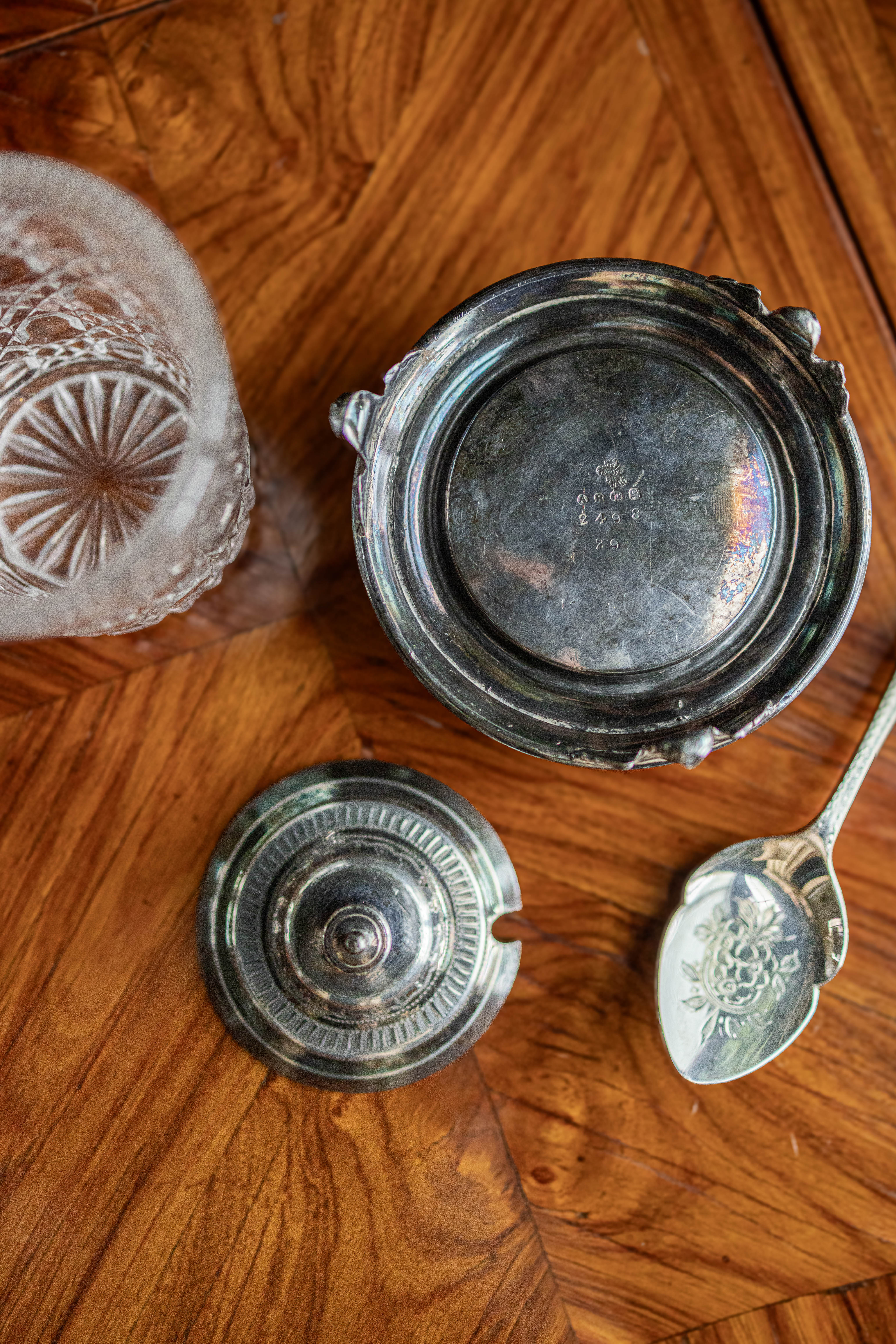 Antique Crystal & Silver Condiment Jar with Spoon