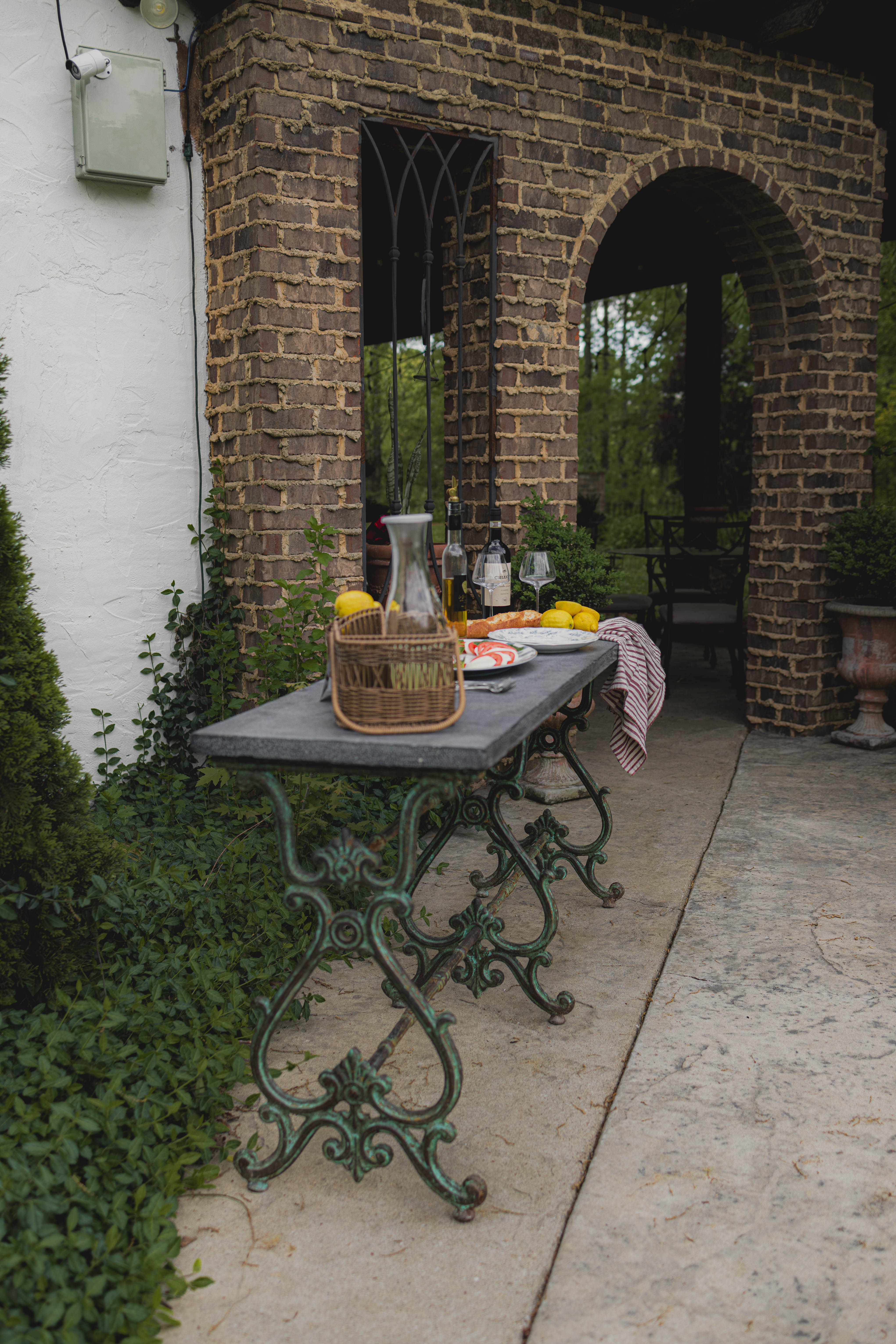 Antique Wrought Iron French Outdoor Console with Blue Stone Top