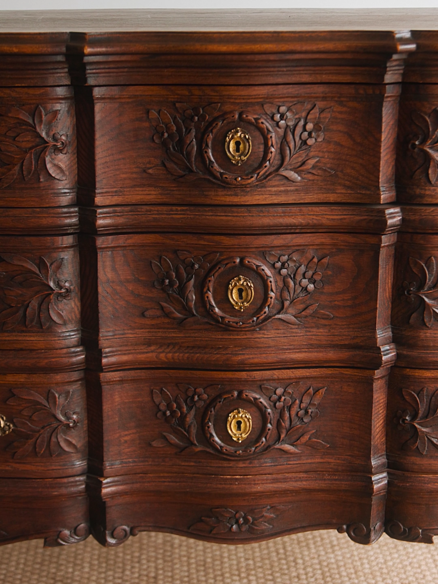 French Louis XV–Style Carved Oak Commode With Ormolu Mounts