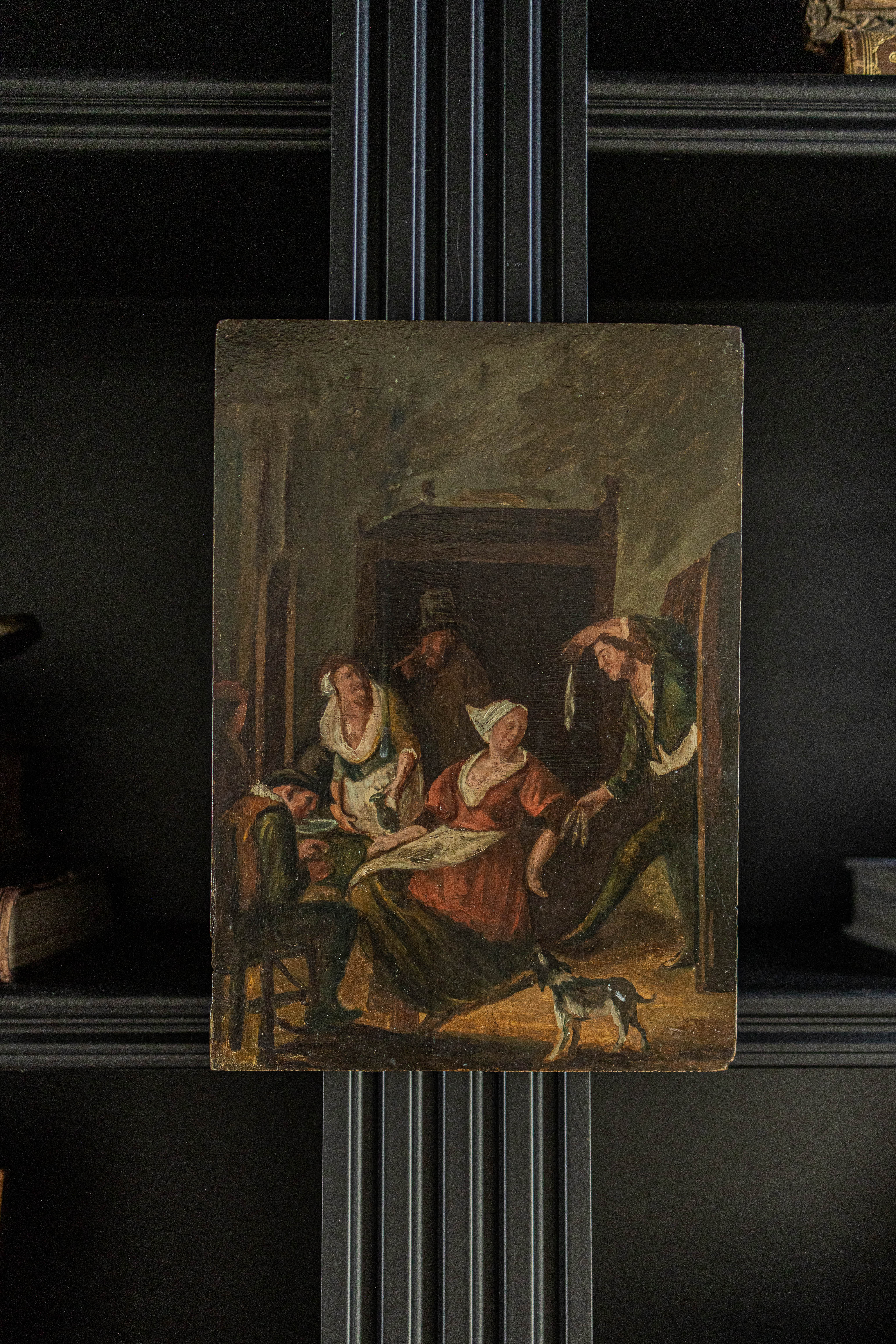 1800s Oil on Wood Reproduction of Jan Havicksz Steen's "The Gallant Offer". Originally Painted between 1625-1679.