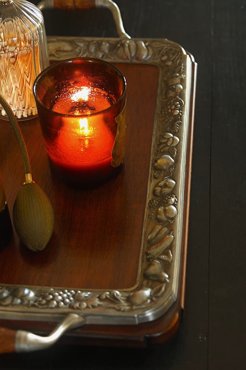 Wood and Silver-Plated Serving Tray with Harvest Border