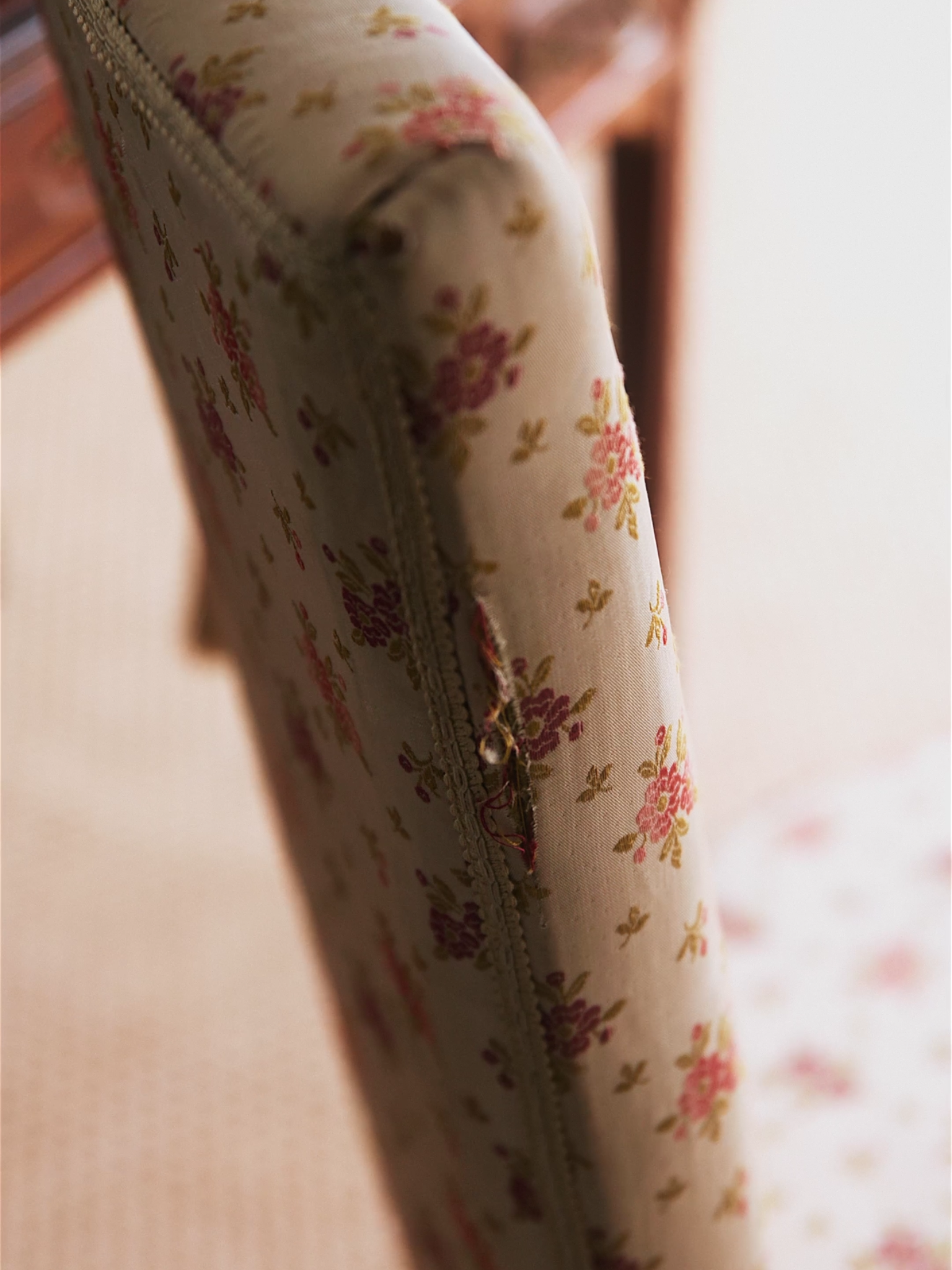 French Trifold Mirrored Vanity With Bronze Accents & Upholstered Chair