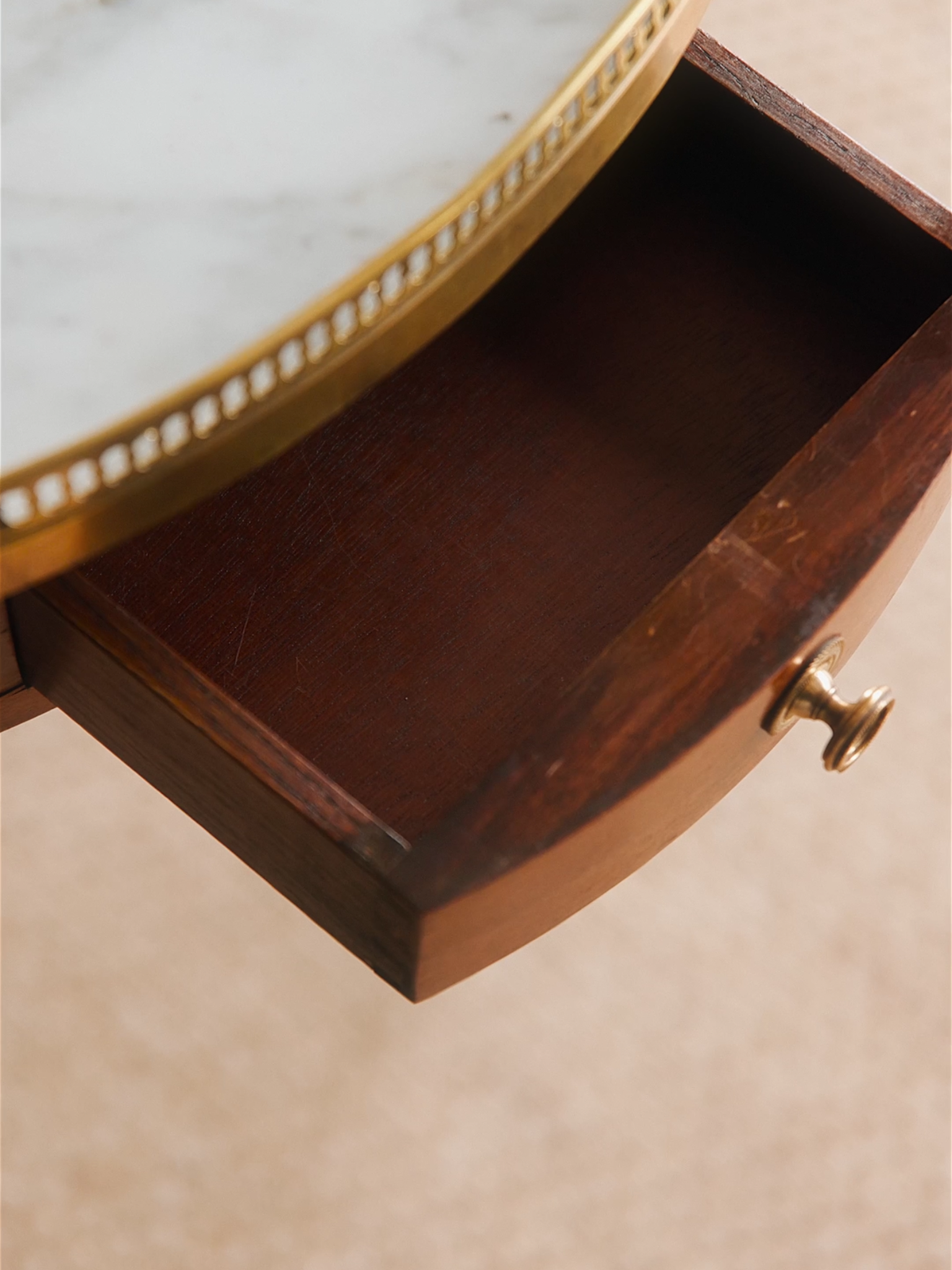 French Louis XVI–Style Bouillotte Table With Marble Top, Brass Gallery & Leather Slide-Outs