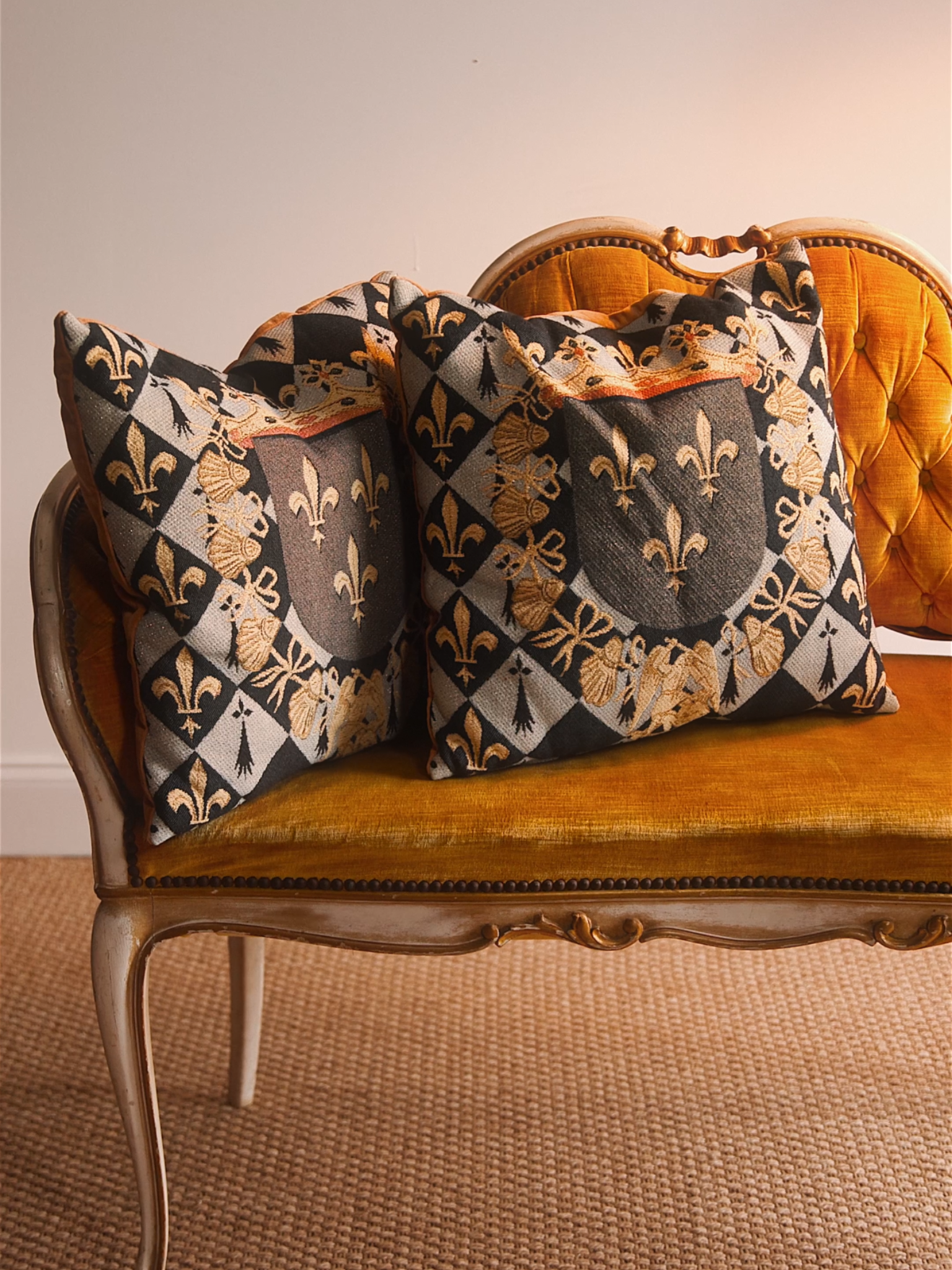 Petite French Settee in Golden Velvet