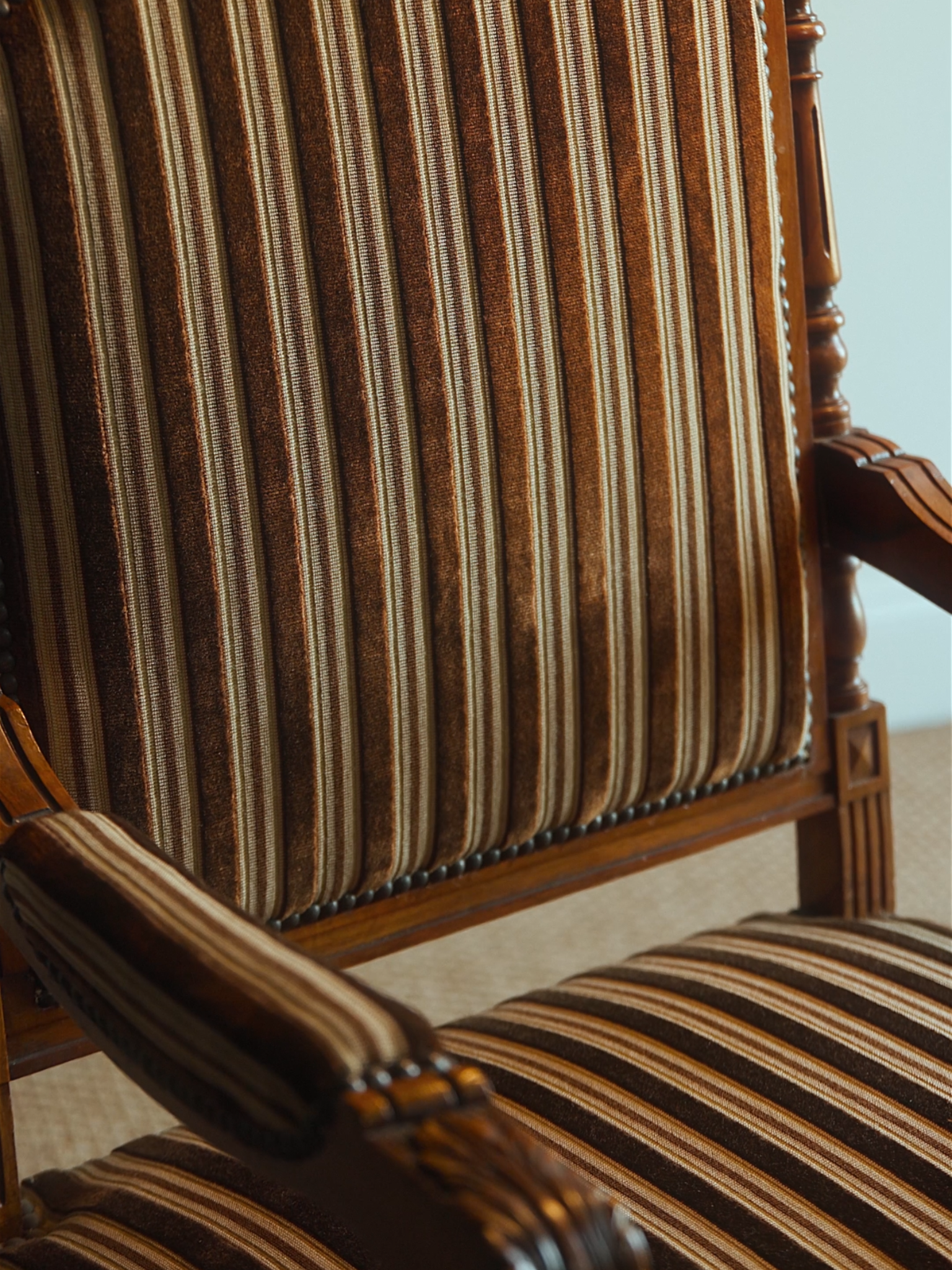 French Carved Armchair with Striped Velvet Upholstery