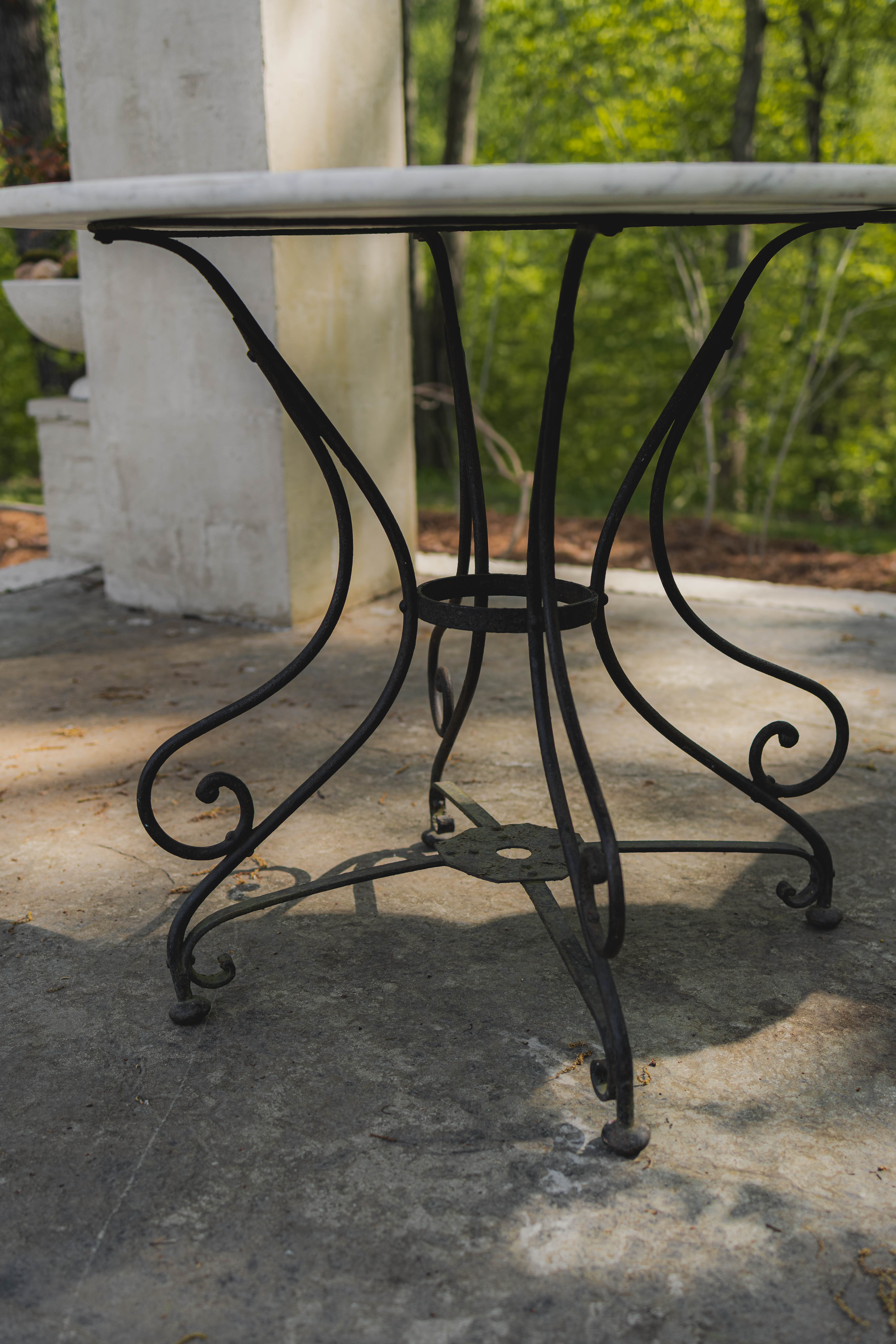 French Marble Top Garden Table with Scroll Iron Base