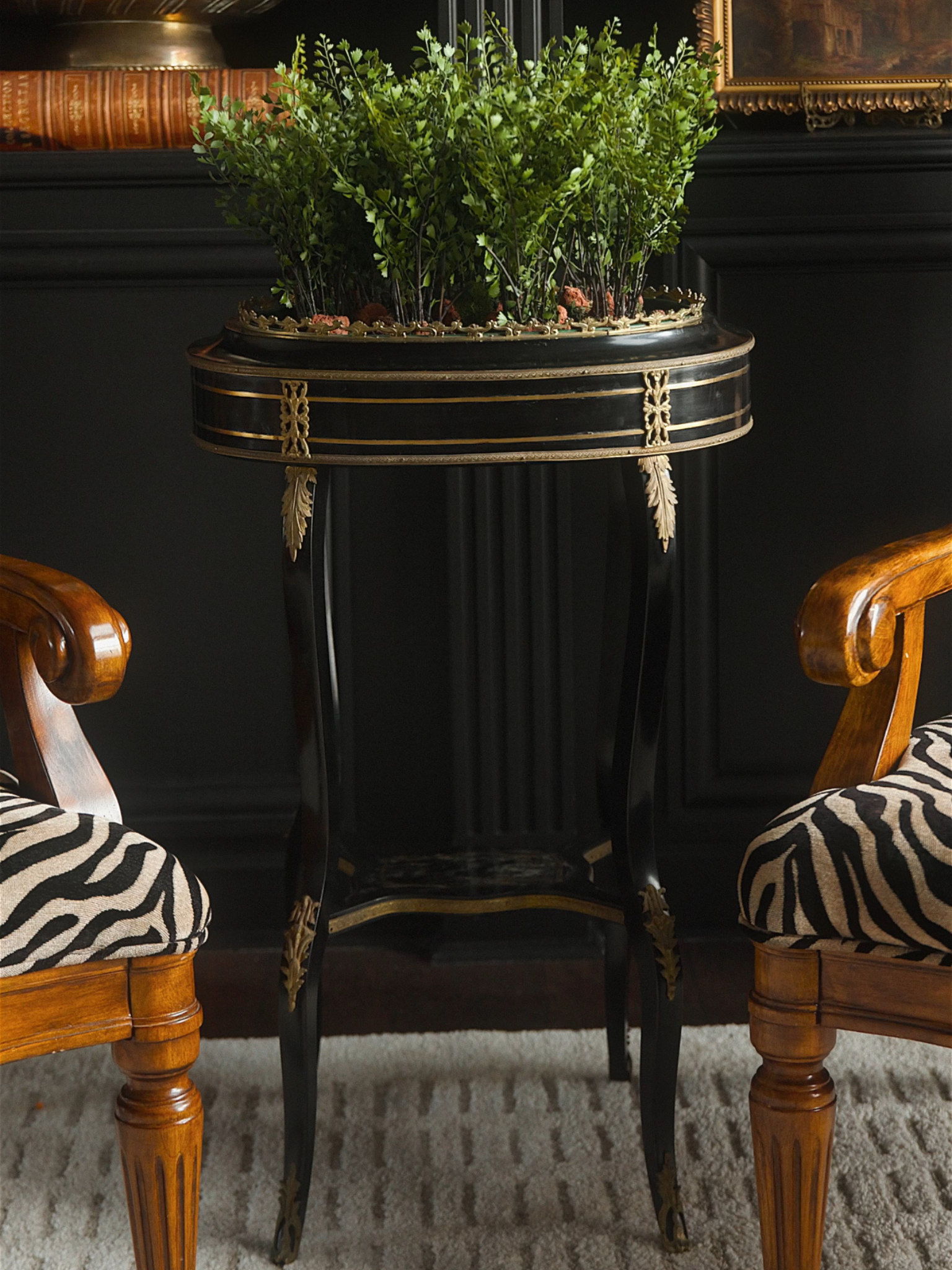 French Napoleon III Ebonized & Gilt Bronze Marquetry Jardinière Table with Original Green Liner