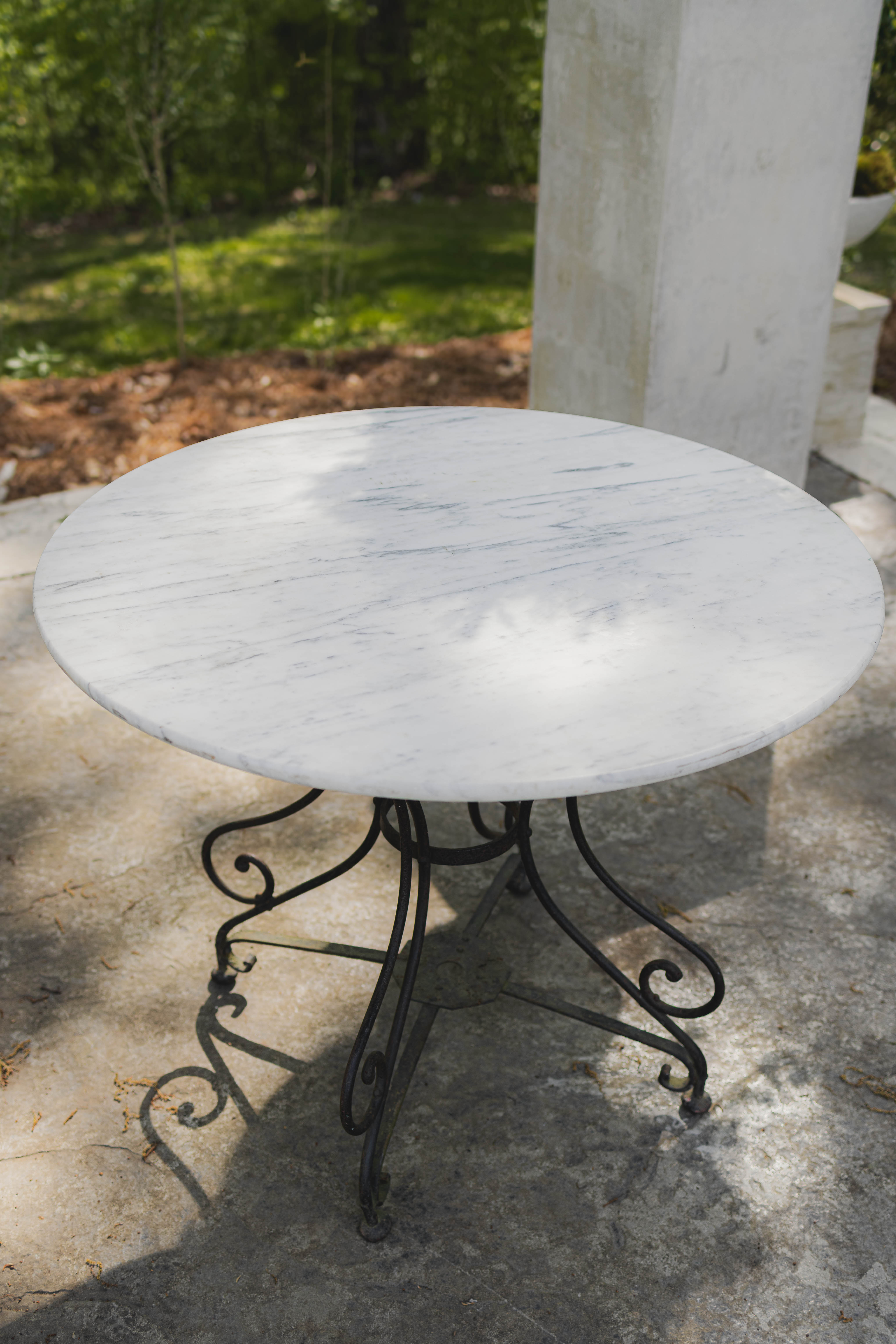 French Marble Top Garden Table with Scroll Iron Base