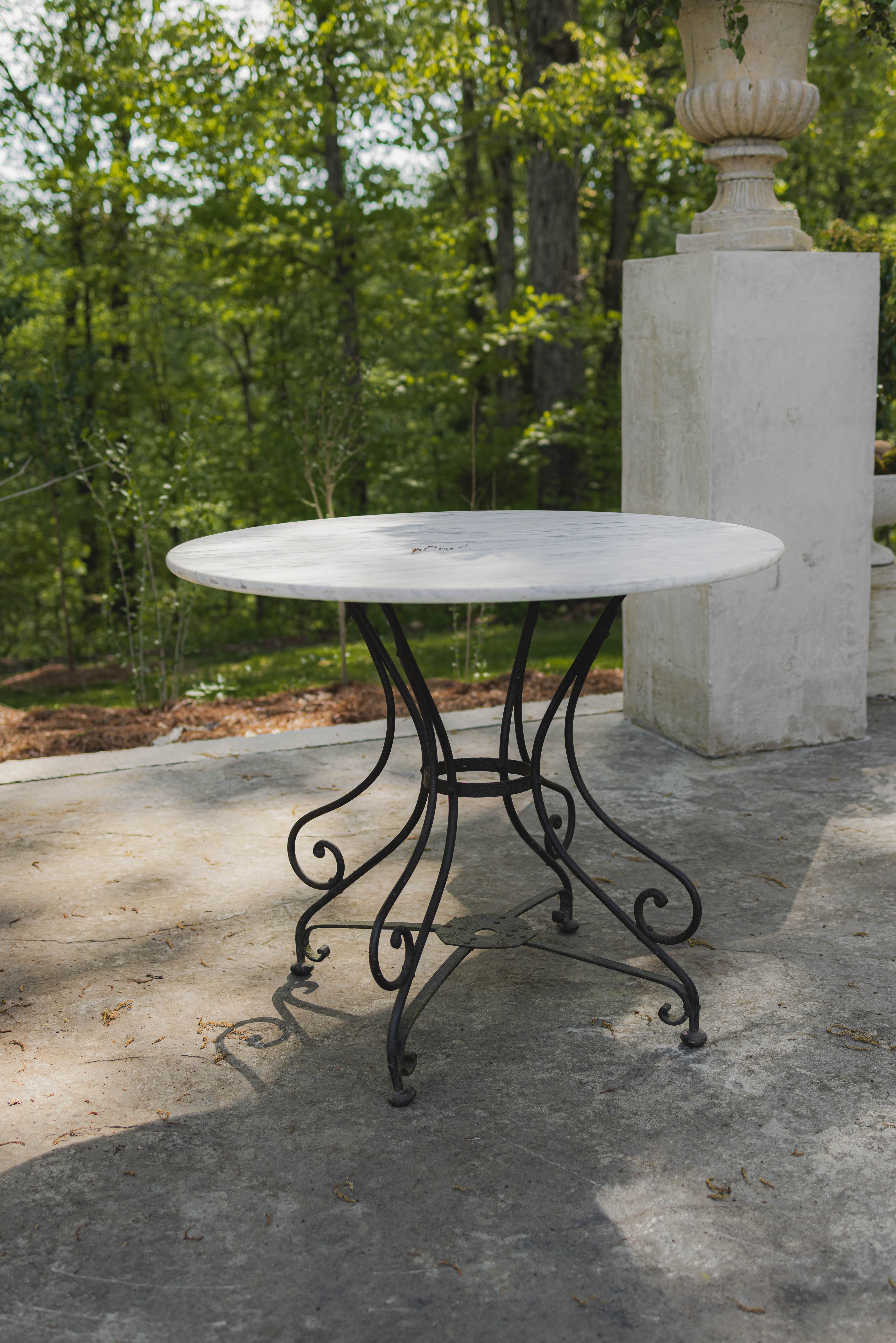 French Marble Top Garden Table with Scroll Iron Base