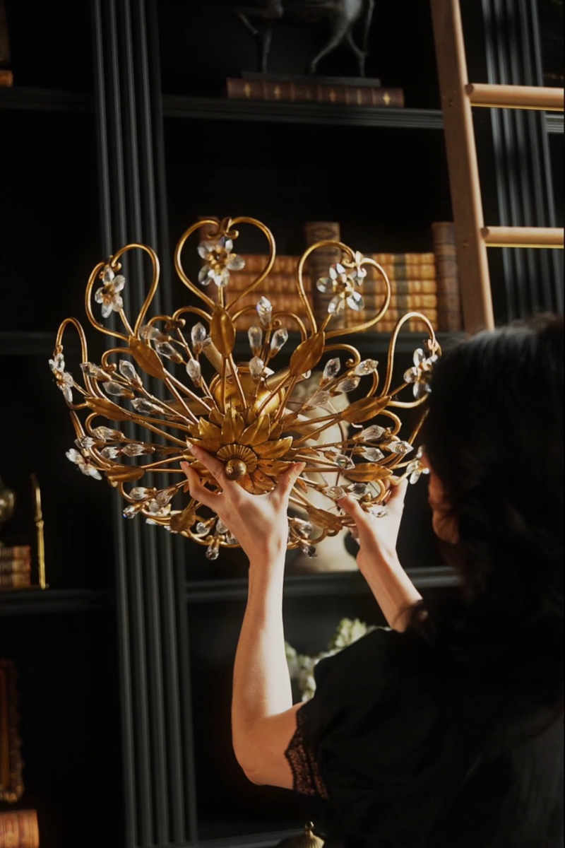 Italian Gilt Tôle & Crystal Florentine Flush Mount