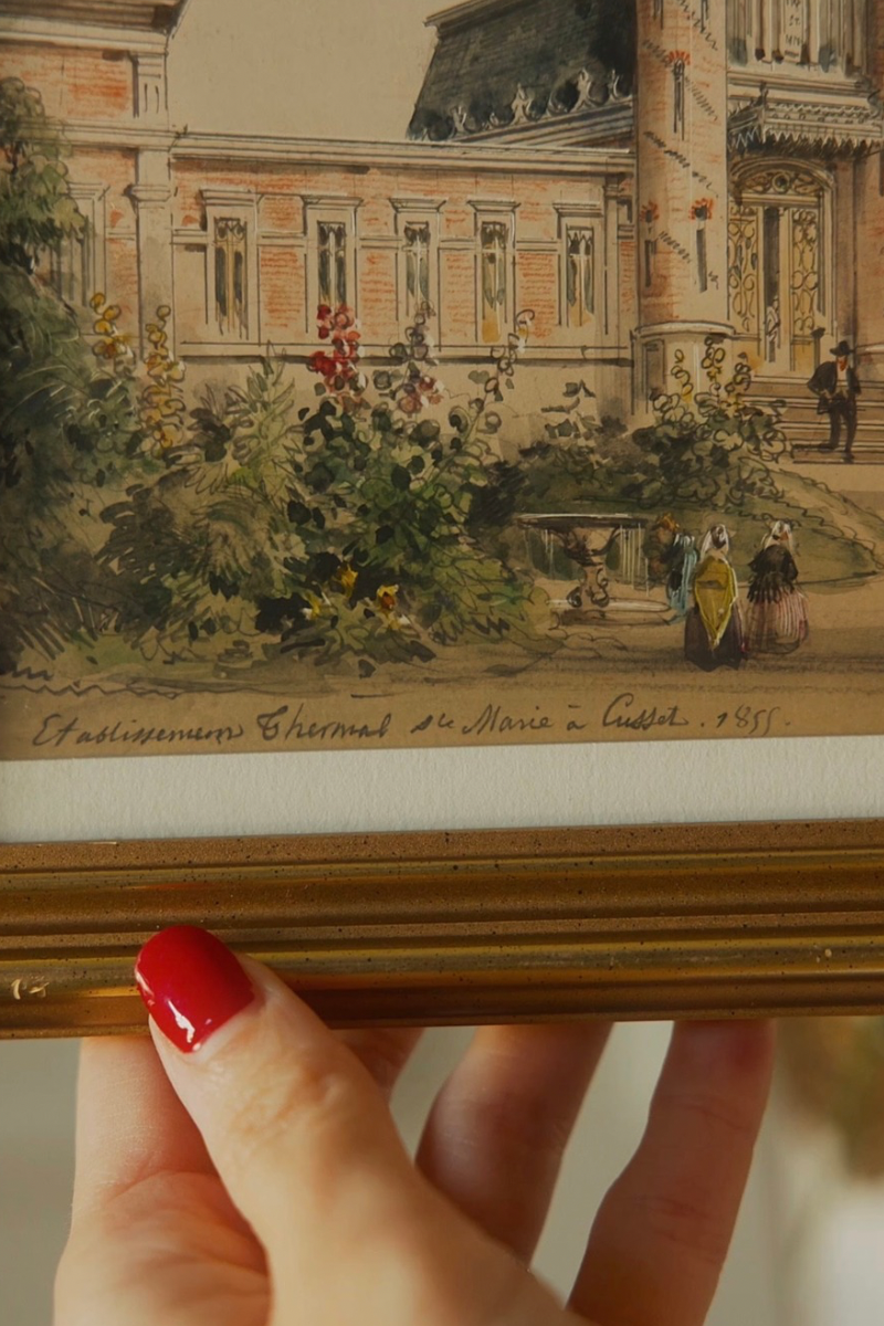 “Vichy & Cusset, 1855” — Set of Three French Spa-Town Views Bearing the Signature of Louis Moullin, with Thermal Architecture, Garden Promenades & Period Figures, in Matching Gold-Finished Frames