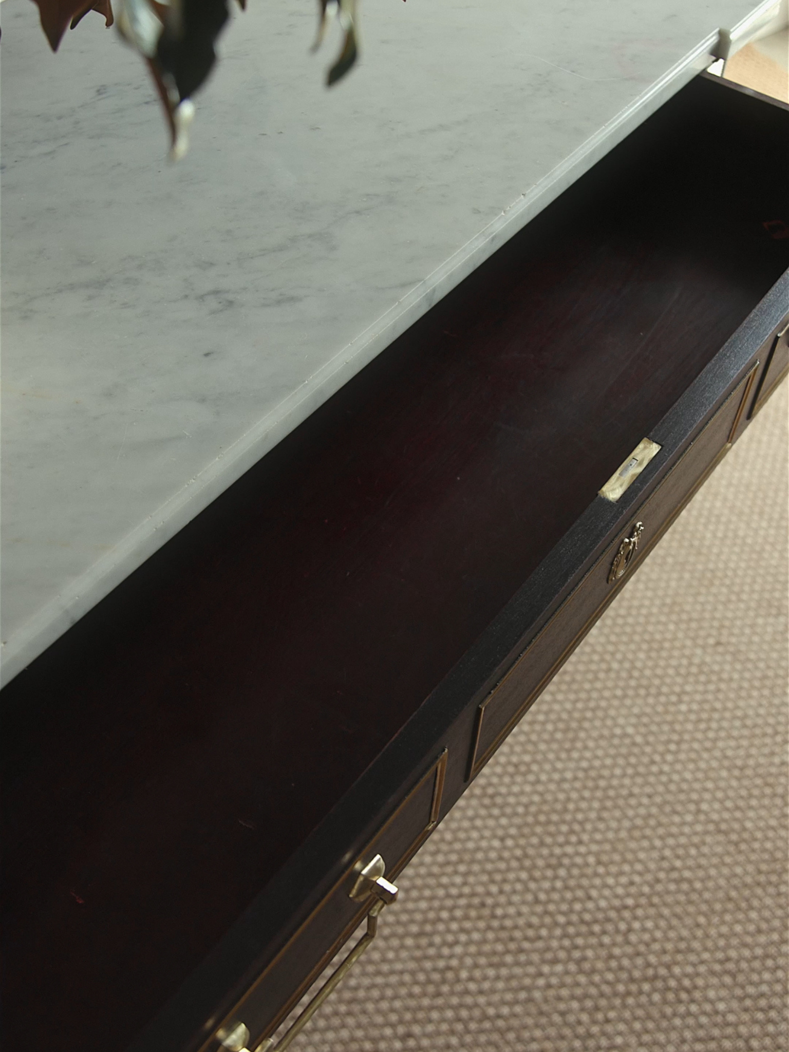 Louis XVI Style Black Lacquered Commode with Brass Trim & Carrara Marble Top