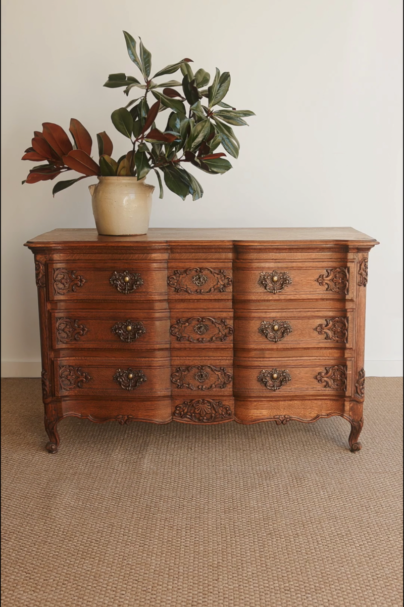 19th Century French Provincial Carved Oak Serpentine Commode