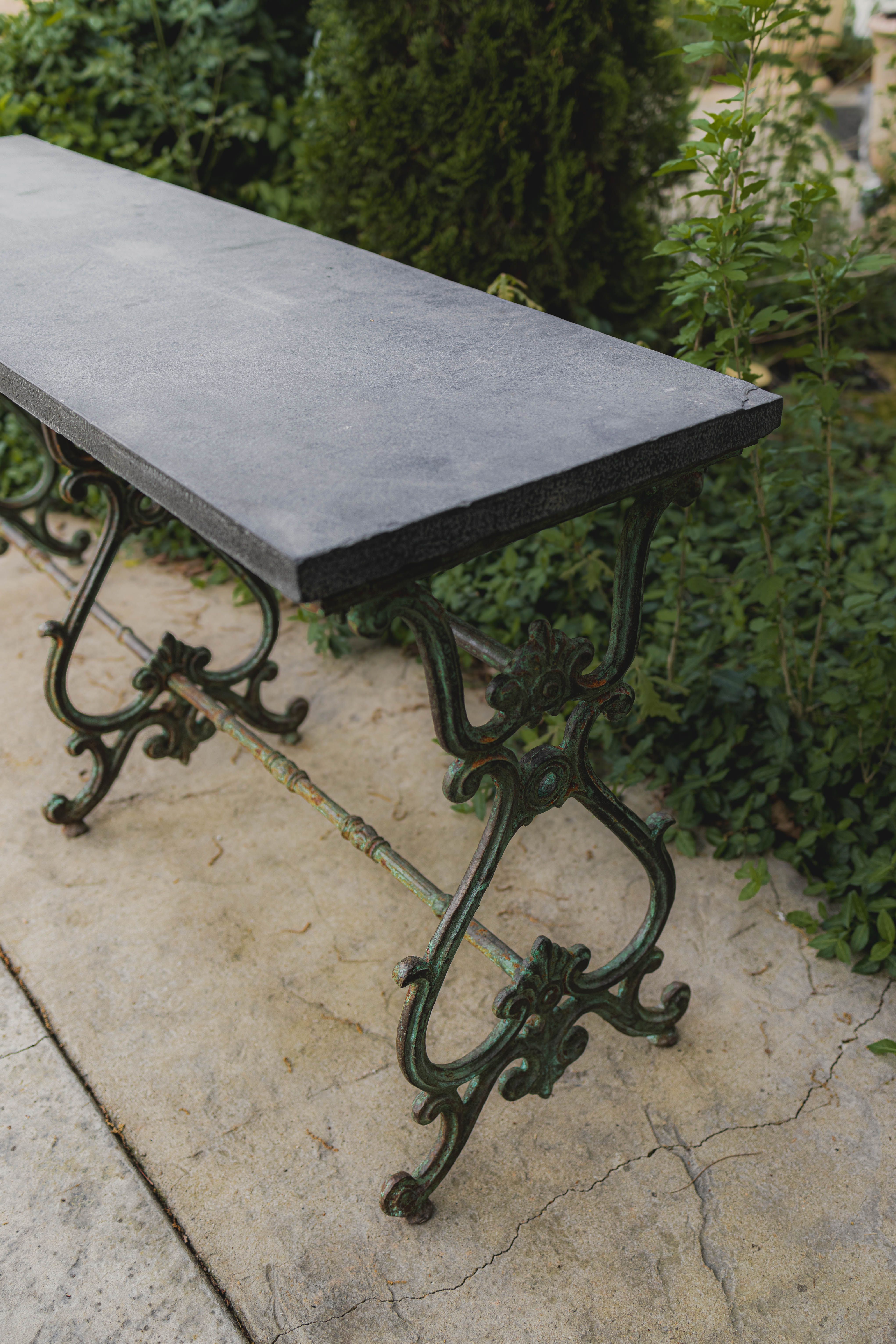 Antique Wrought Iron French Outdoor Console with Blue Stone Top