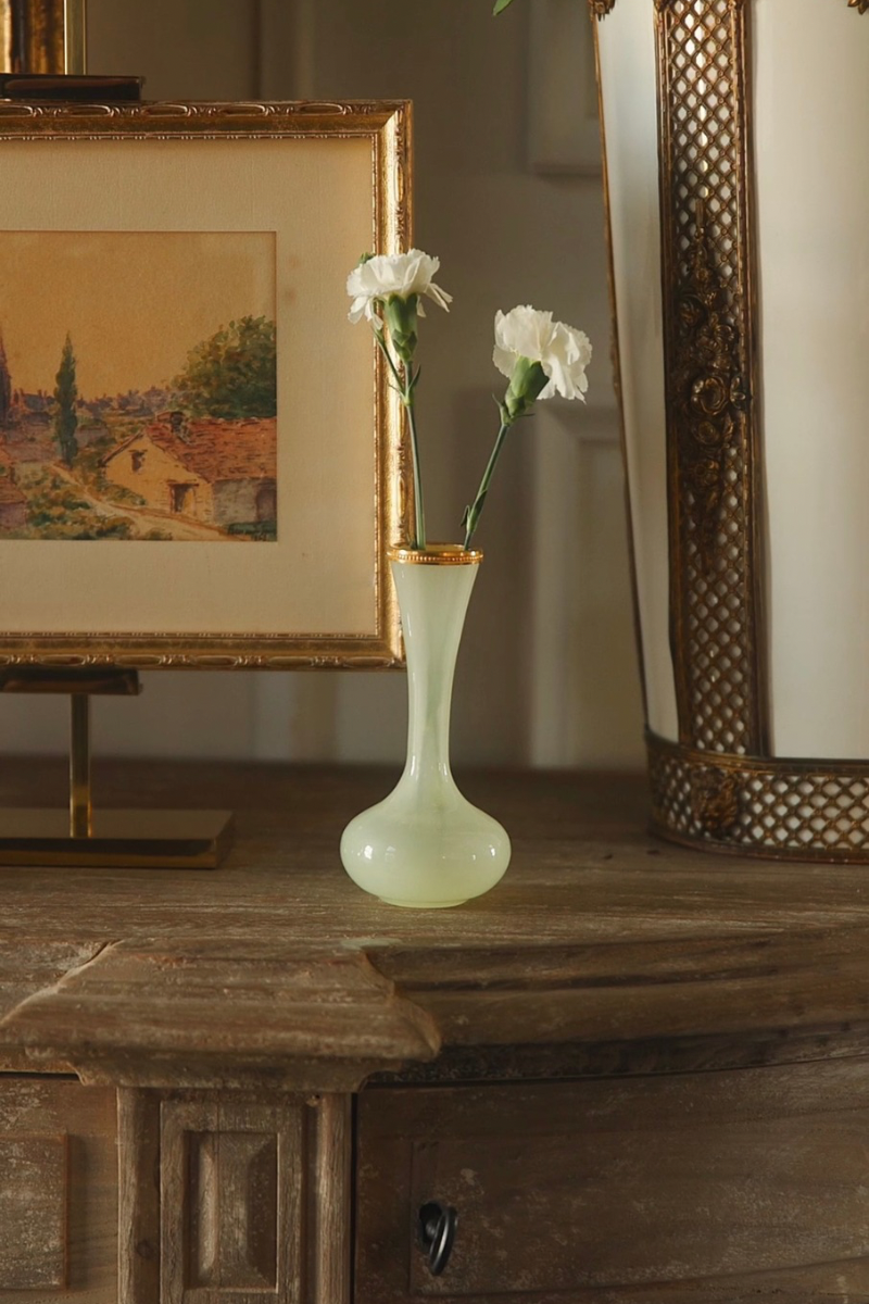 French Opaline Glass Bud Vase with Gilt Rim - Pale Green