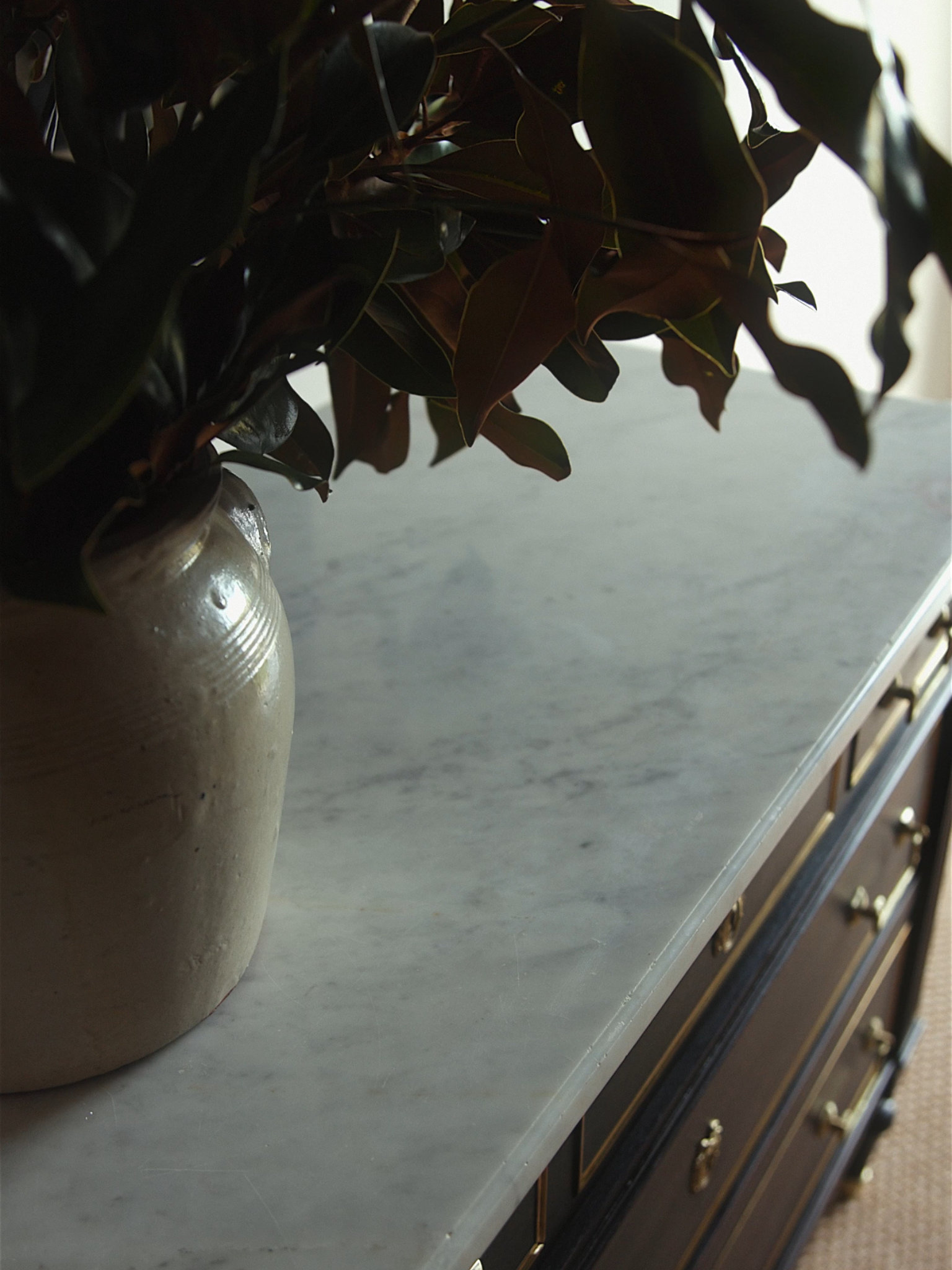 Louis XVI Style Black Lacquered Commode with Brass Trim & Carrara Marble Top