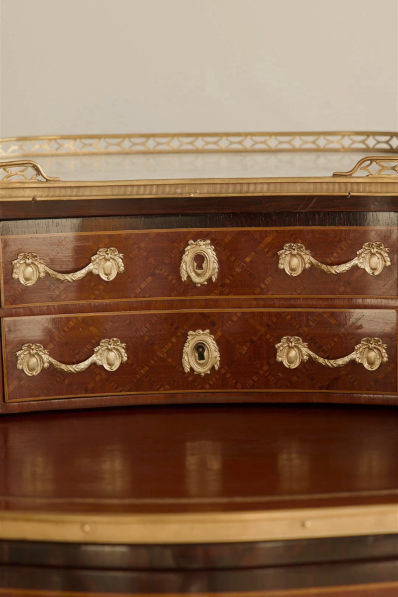 19th Century French Louis XV–Style Marquetry Writing Desk with Marble Gallery Top