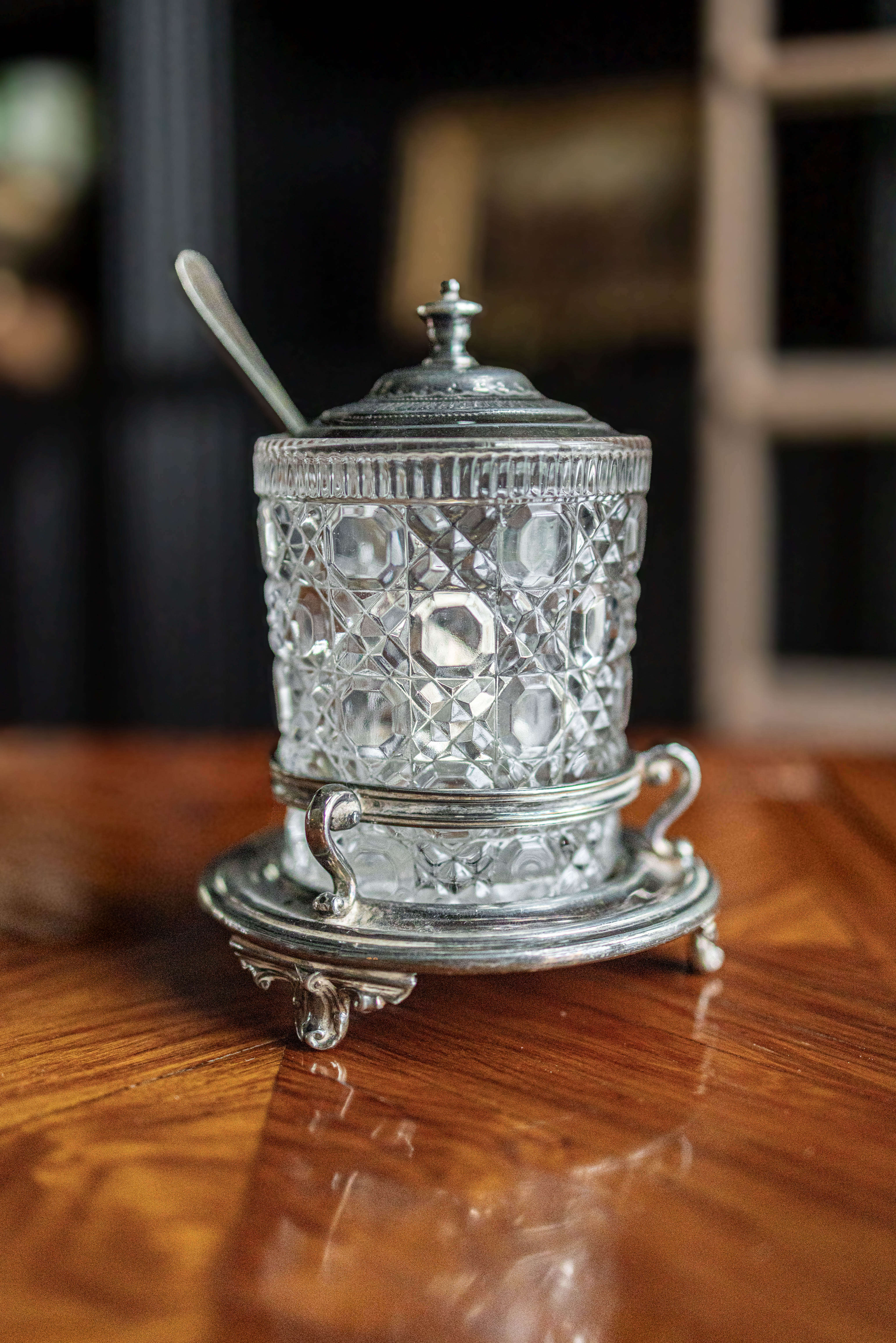 Antique Crystal & Silver Condiment Jar with Spoon