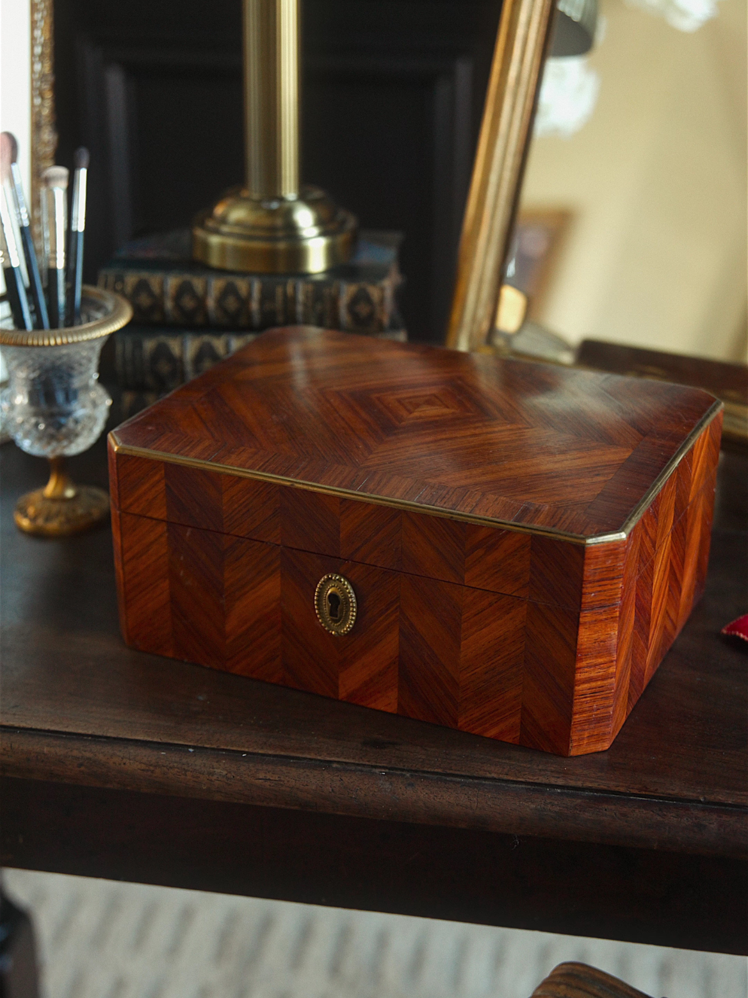 19th-Century French Marquetry Writing Box with Brass Trim & Original Key