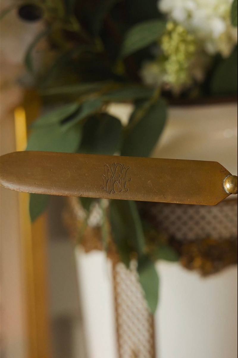 Antique Brass Letter Opener with Pierced Grape Vine Handle & Engraved Monogram
