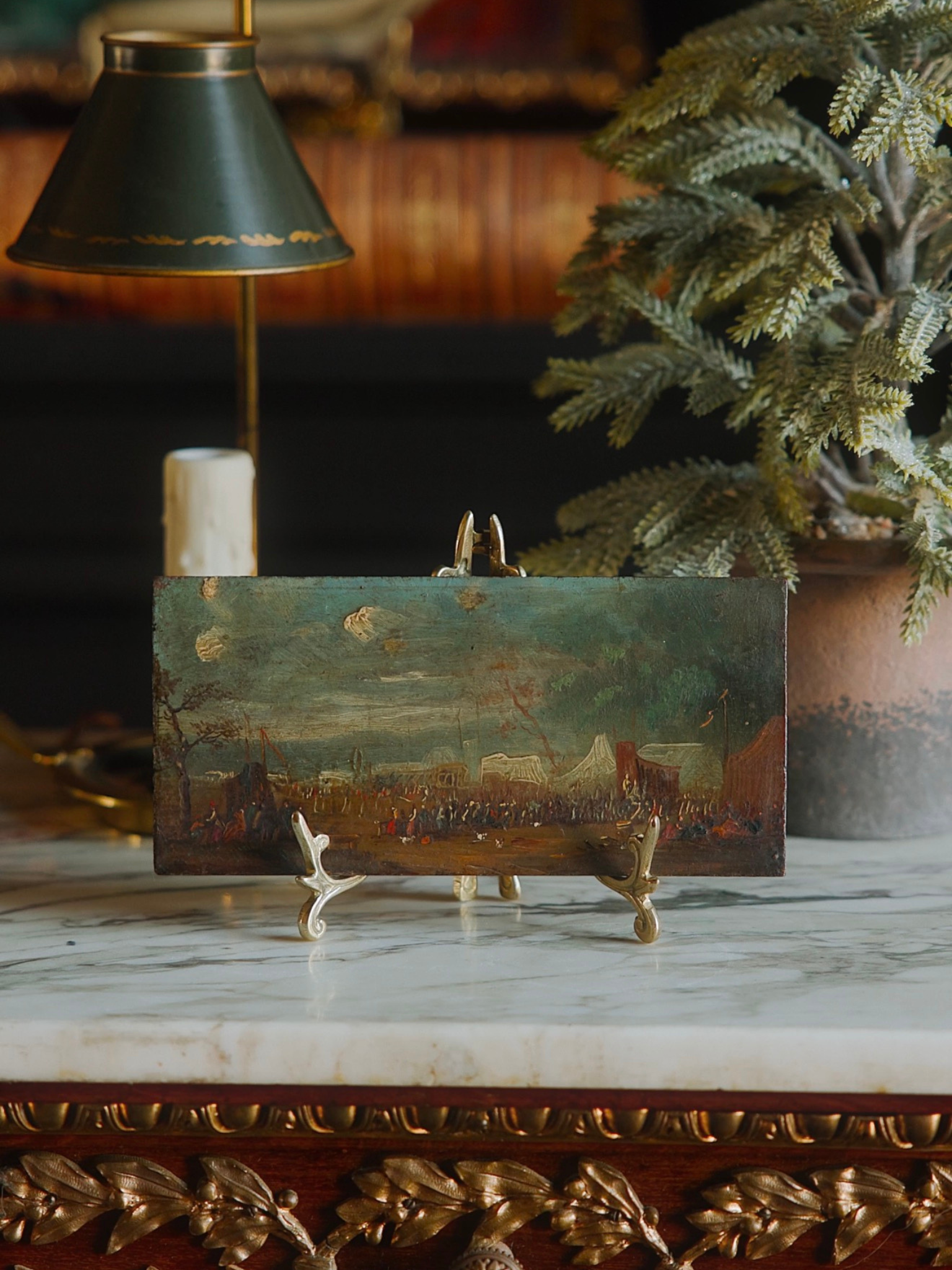 Antique French Hand-Painted Battle Scene Miniature on Wood