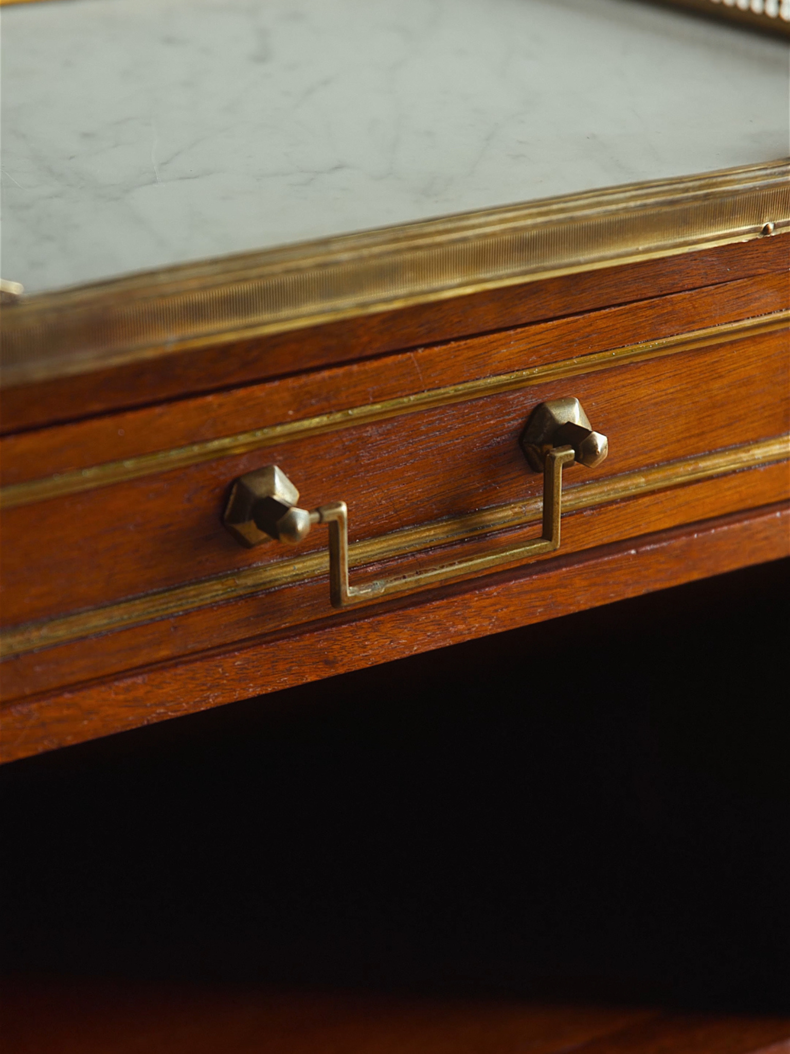 Pair of Louis XVI–Style Mahogany Nightstands with Carrara Marble Tops