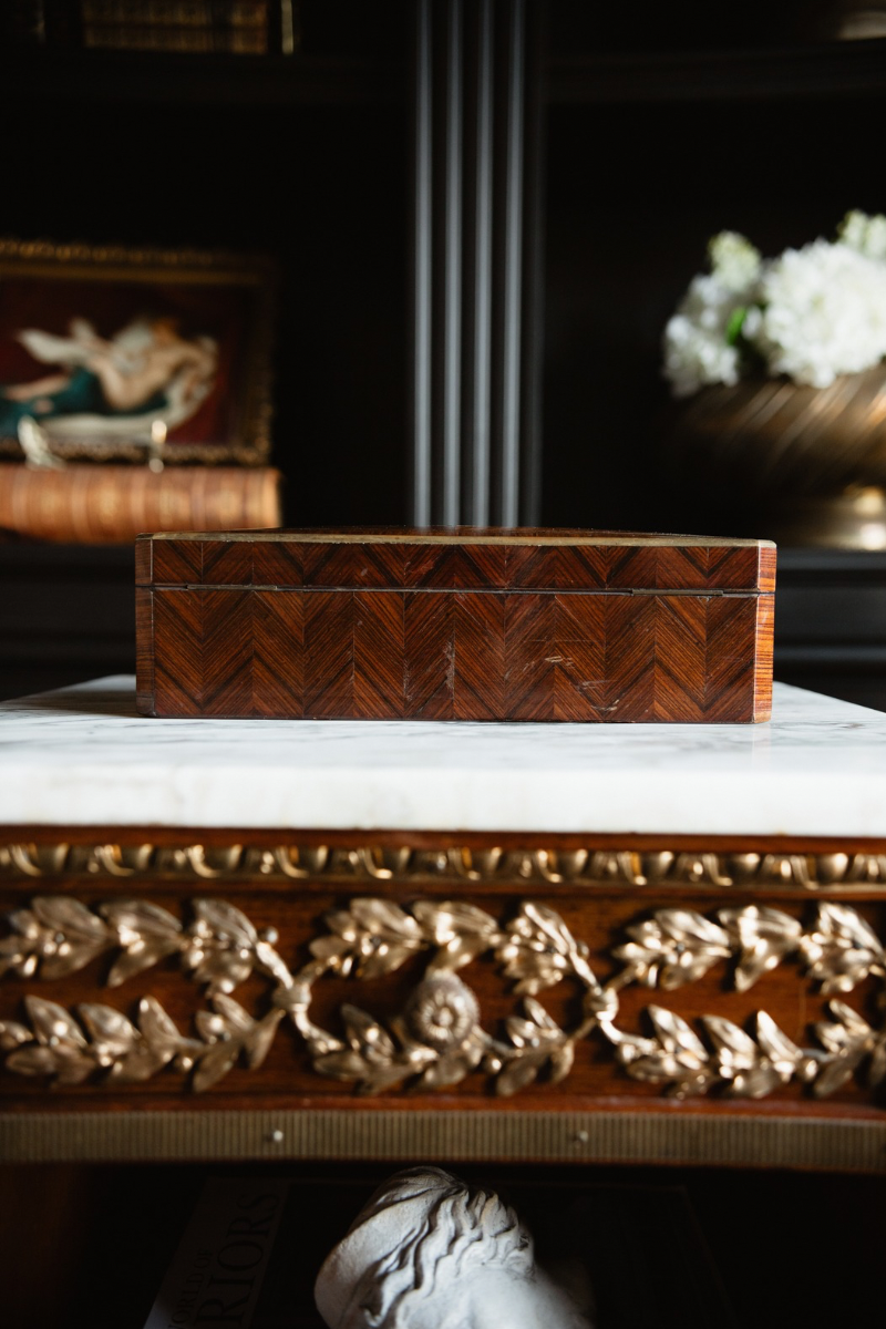 Late 19th Century French Parquetry Inlaid Wooden Glove Box with Brass Trim and Fitted Interior
