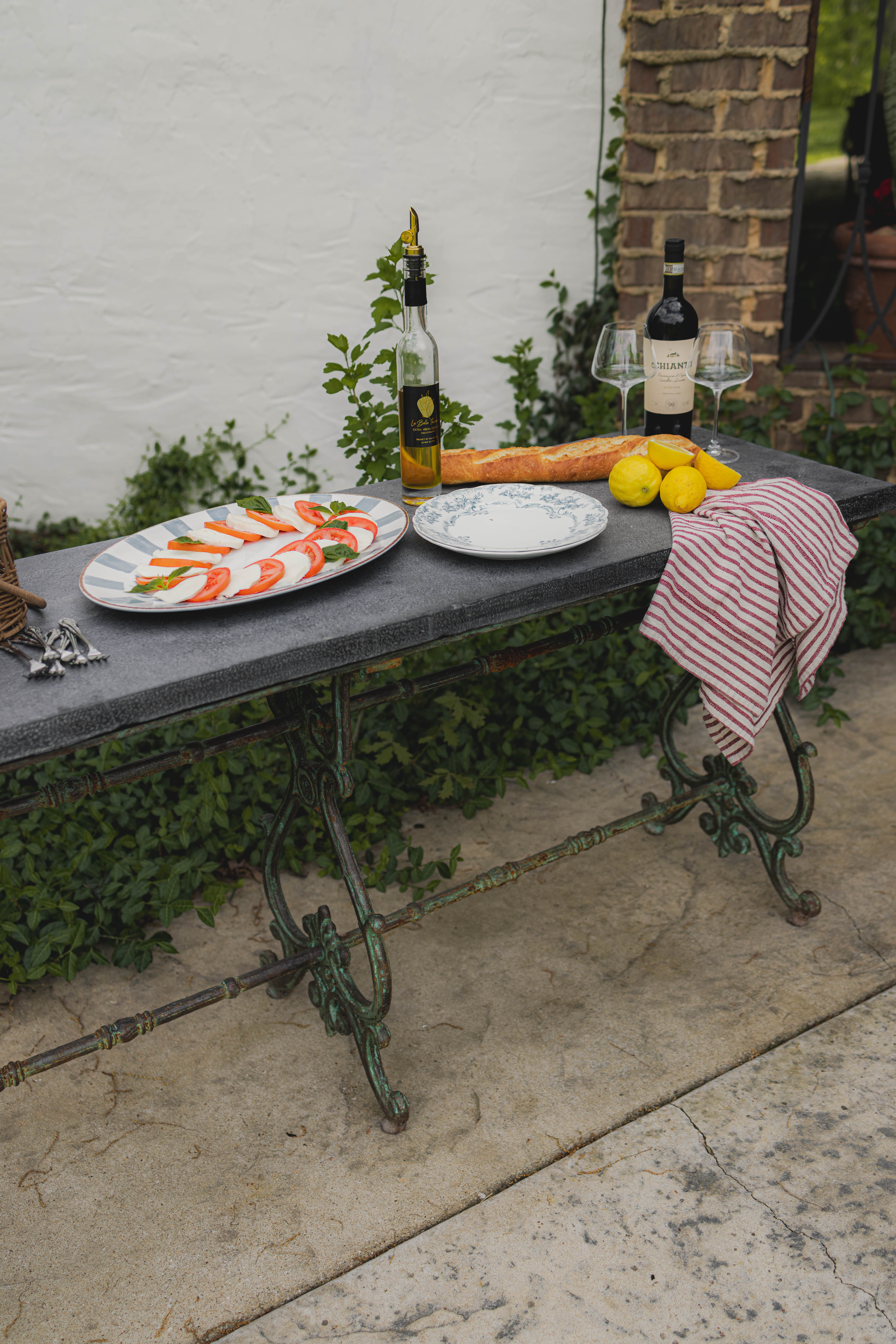 Antique Wrought Iron French Outdoor Console with Blue Stone Top