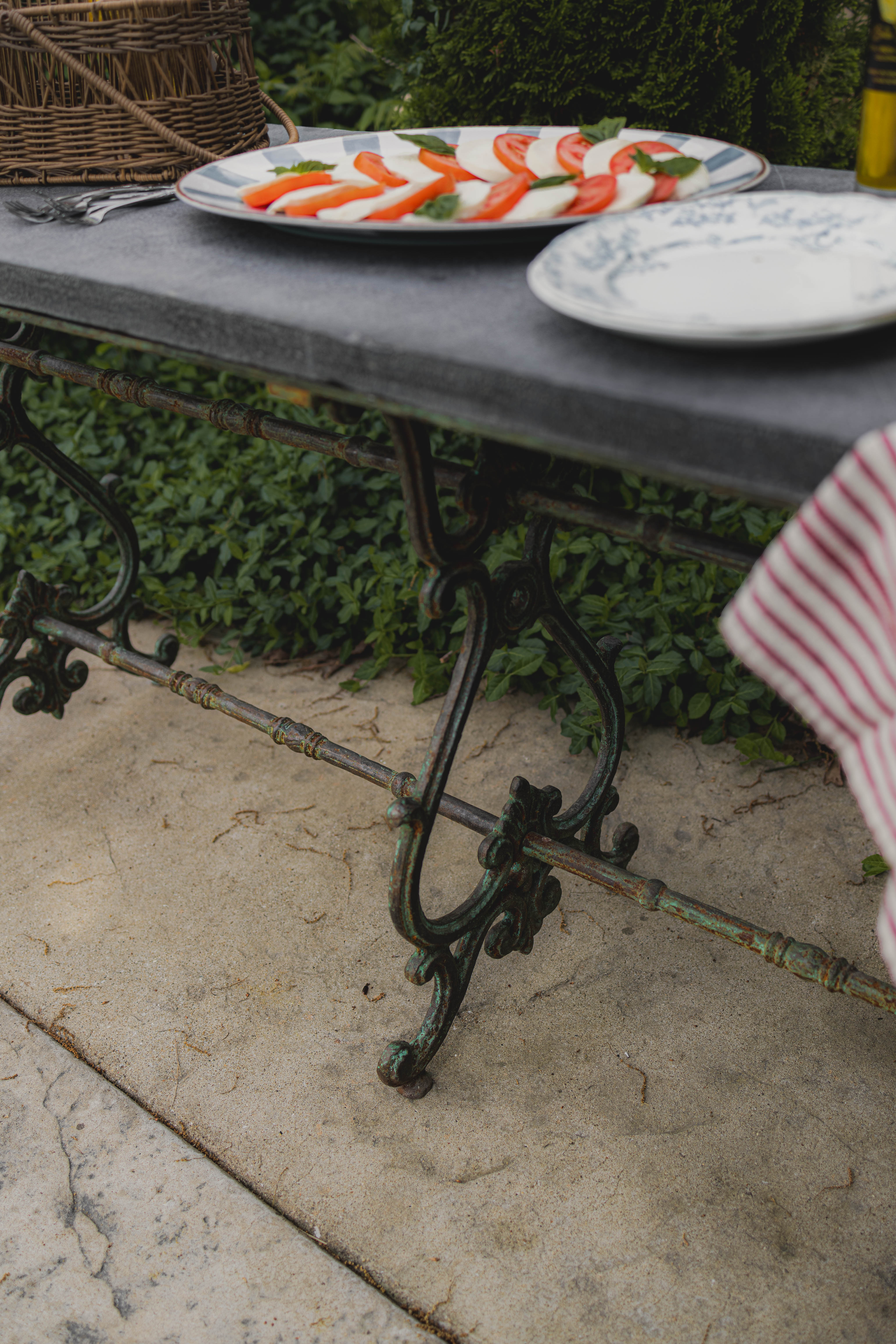 Antique Wrought Iron French Outdoor Console with Blue Stone Top