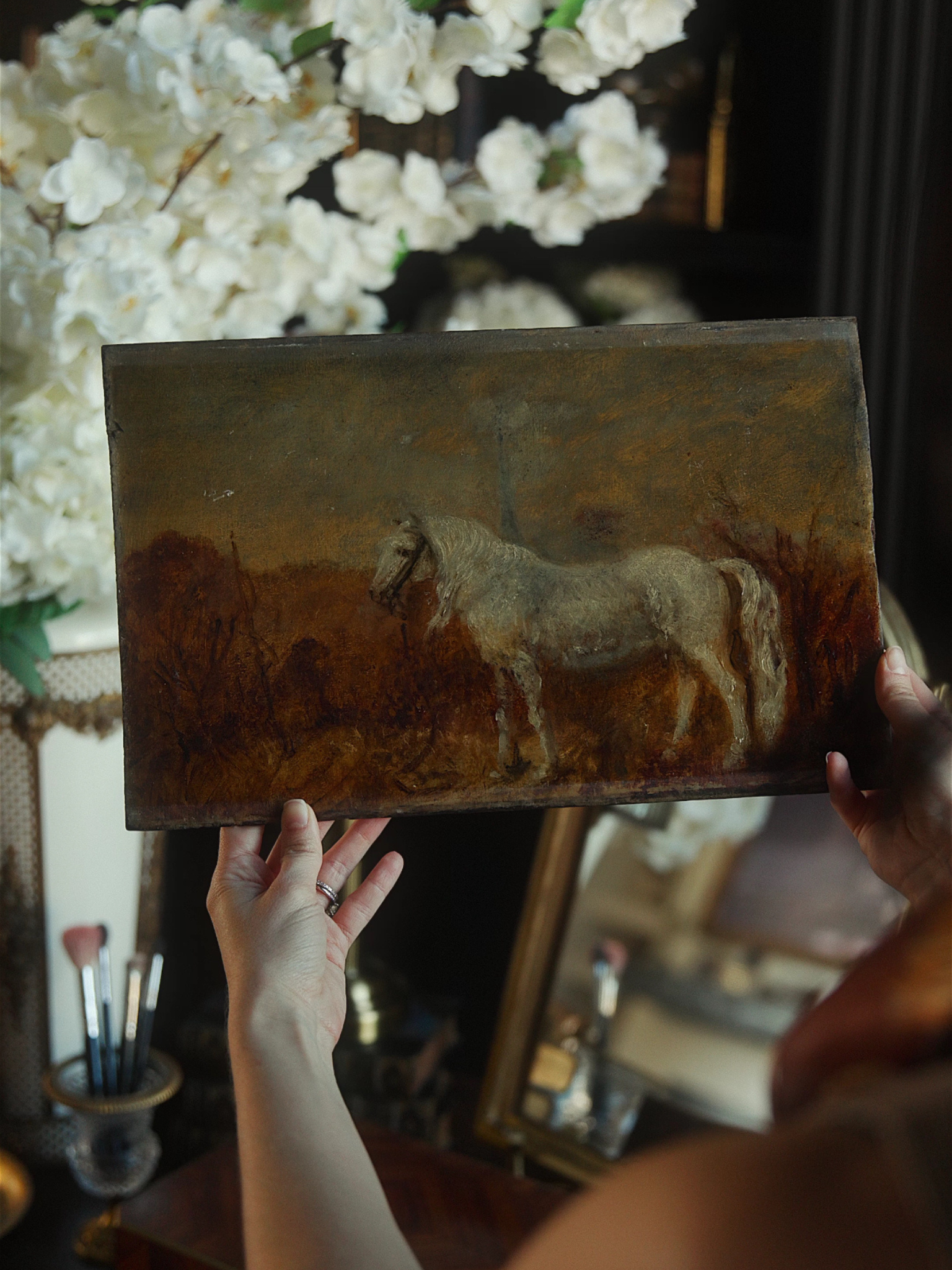 19th-Century Oil Study of a White Horse in Landscape