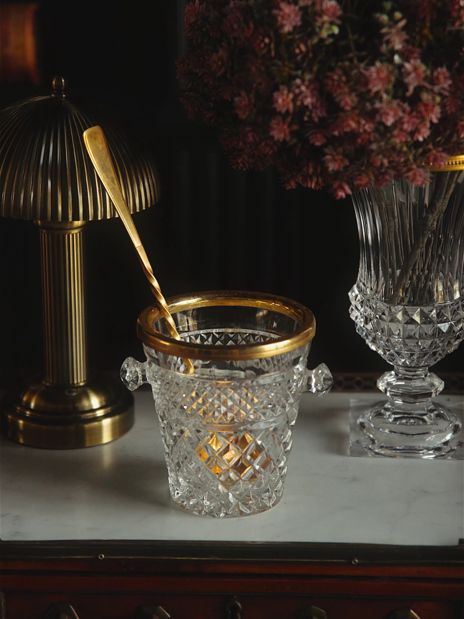 Cut Crystal Ice Bucket with Gilt Rim & Ladle