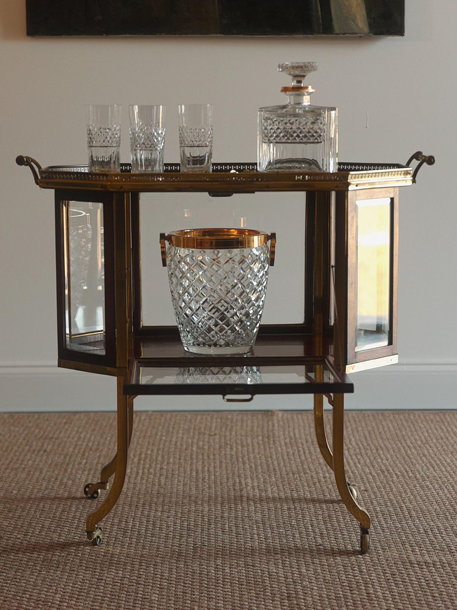 Antique Brass & Mahogany Bar Cart with Glass Display Panels