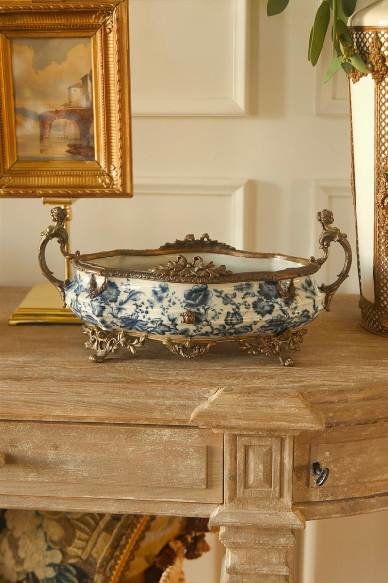 Porcelain Jardinière by Wong Lee, with Blue Transferware Decoration and Gilt Metal Mounts