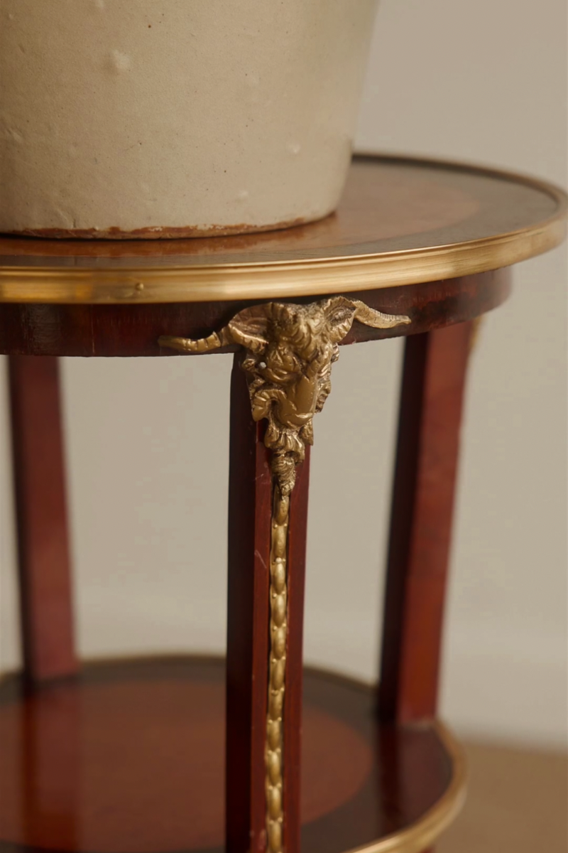 Antique French Empire–Style Mahogany Gueridon Side Table with Gilt-Bronze Ram Head Mounts