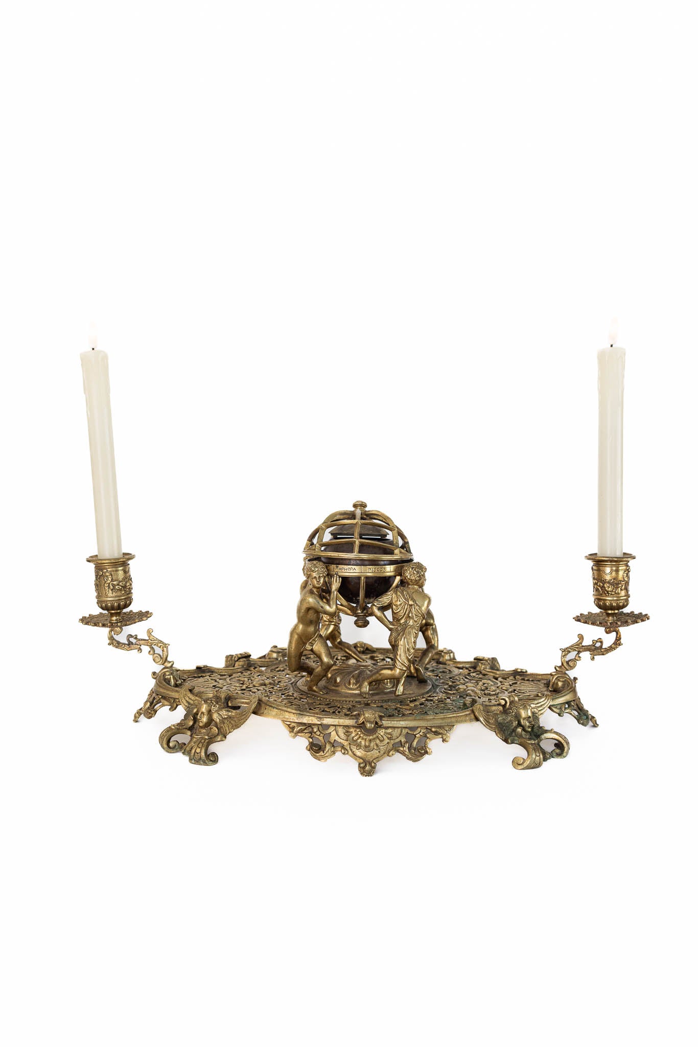 19th Century Gilded Globe Inkwell with Dual Candle Holders