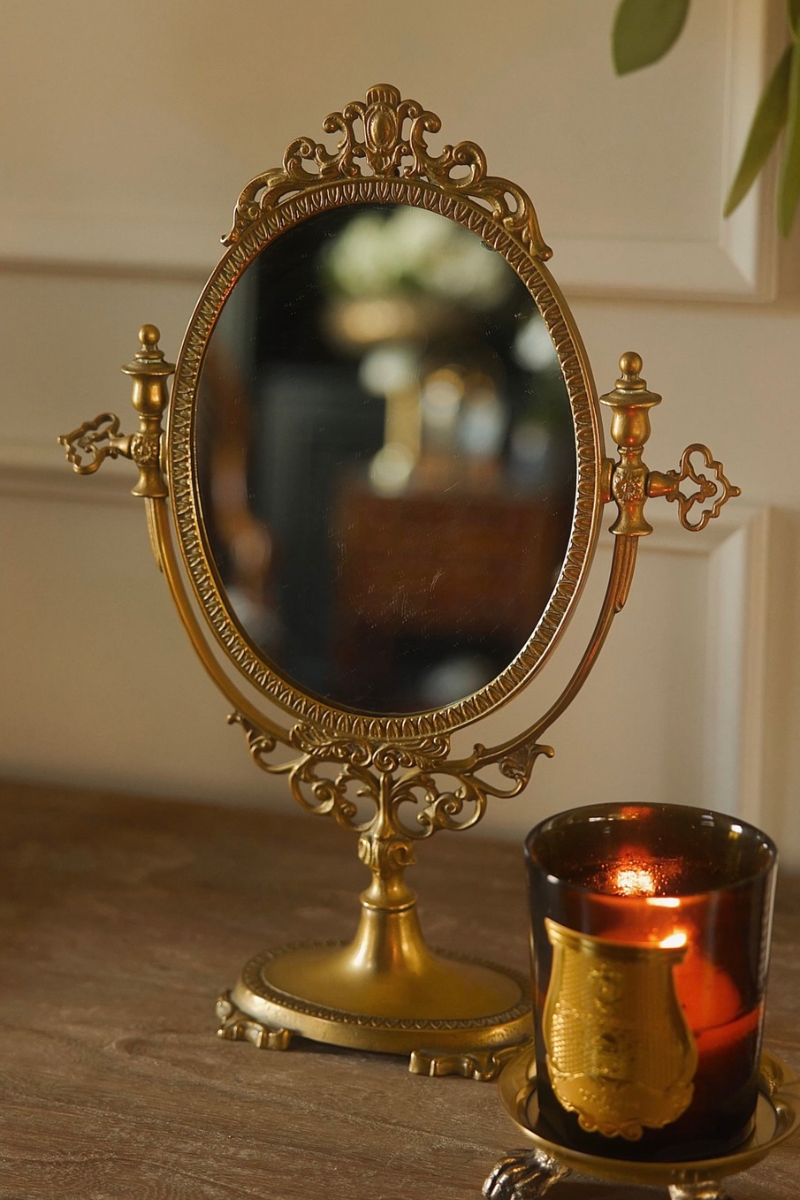 19th C. French Brass Swival Tabletop Vanity Mirror