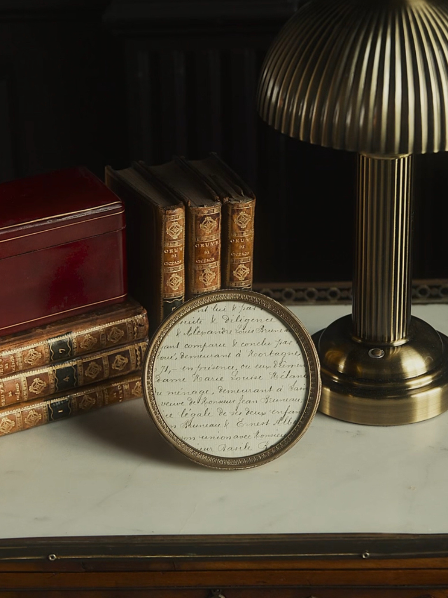 19th Century French Brass Frame with Handwritten Document & Convex Glass